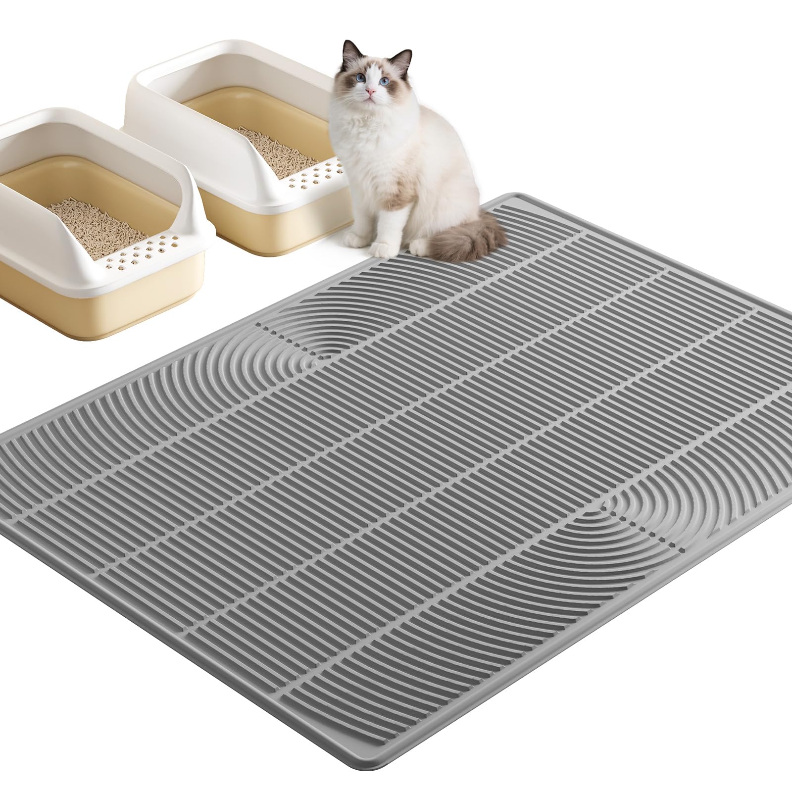 TRZZ XXL Extra Large Cat Litter Mat, Silicone Litter Box Mat for Floor, Waterproof & Non-Slip, Easy to Clean, Cat Litter Trapping Mat & Kitty Litter Catcher for Scatter Control (Gray)