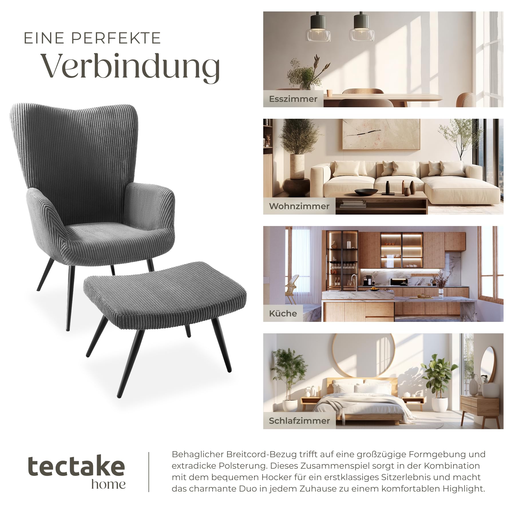 tectake® Skandinavischer Stil Ohrensessel, Sessel Hygge mit Hocker, Breitcordbezug, Sessel Wohnzimmer, Schlafzimmer, Esszimmerstuhl, Statement Loungesessel, belastbar bis 150 kg - anthrazit/schwarz