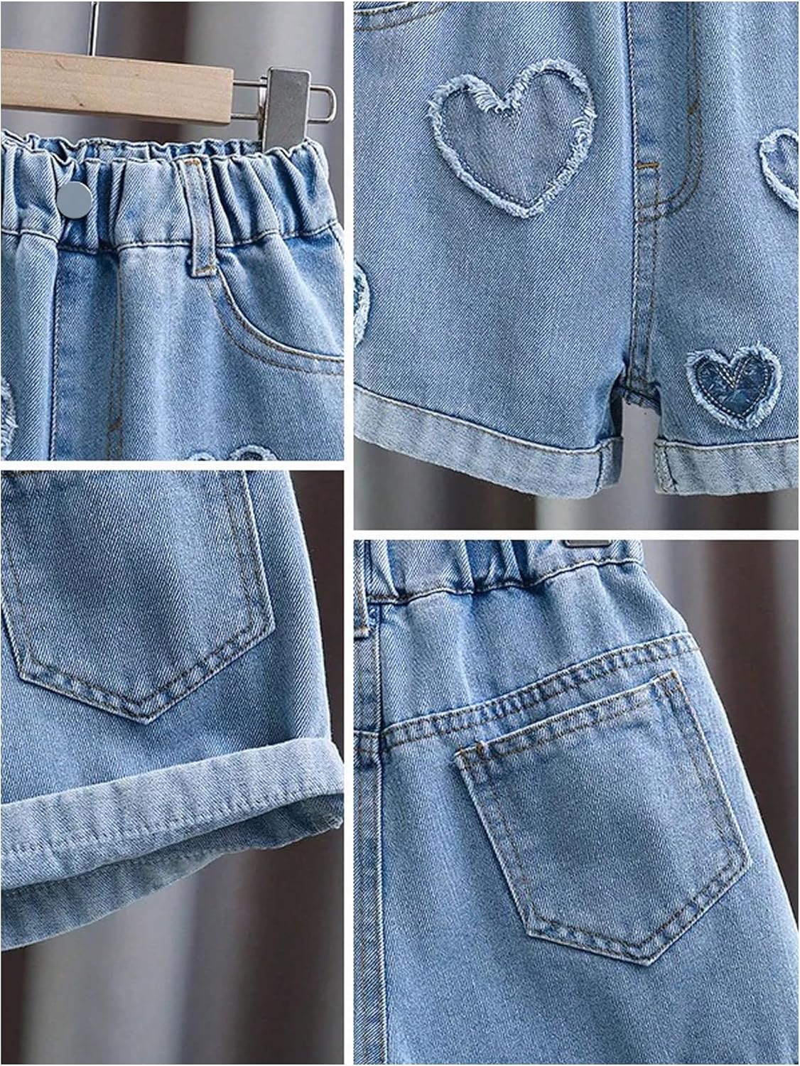 OYOANGLE Girl's Heart Patched Denim Shorts Roll Up Hem Cute Straight Leg Jean Short with Pockets