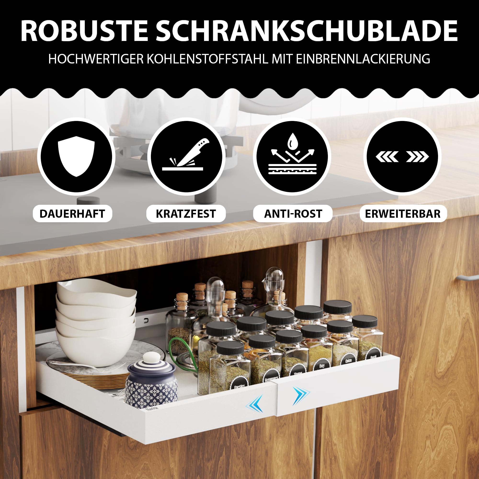 Teleskopschublade Ausziehbar 52 cm Tief mit Schutzmatte | 2 Stück, 32–52 cm Verstellbar, Schrank Organizer, Ohne Bohren