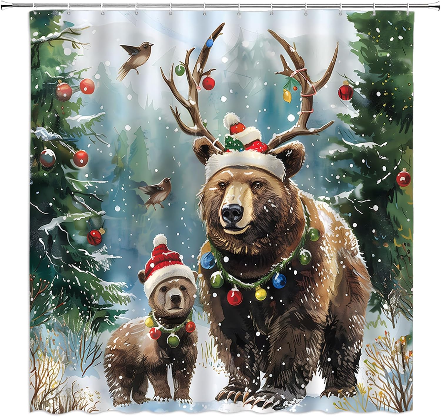 Christmas Bear Shower Curtain Winter Pine Tree Forest Xmas Ball Funny Antler Cap Snowy Scene Rustic Holiday Bathroom Curtain Set with Hooks(91" Wx70 H)
