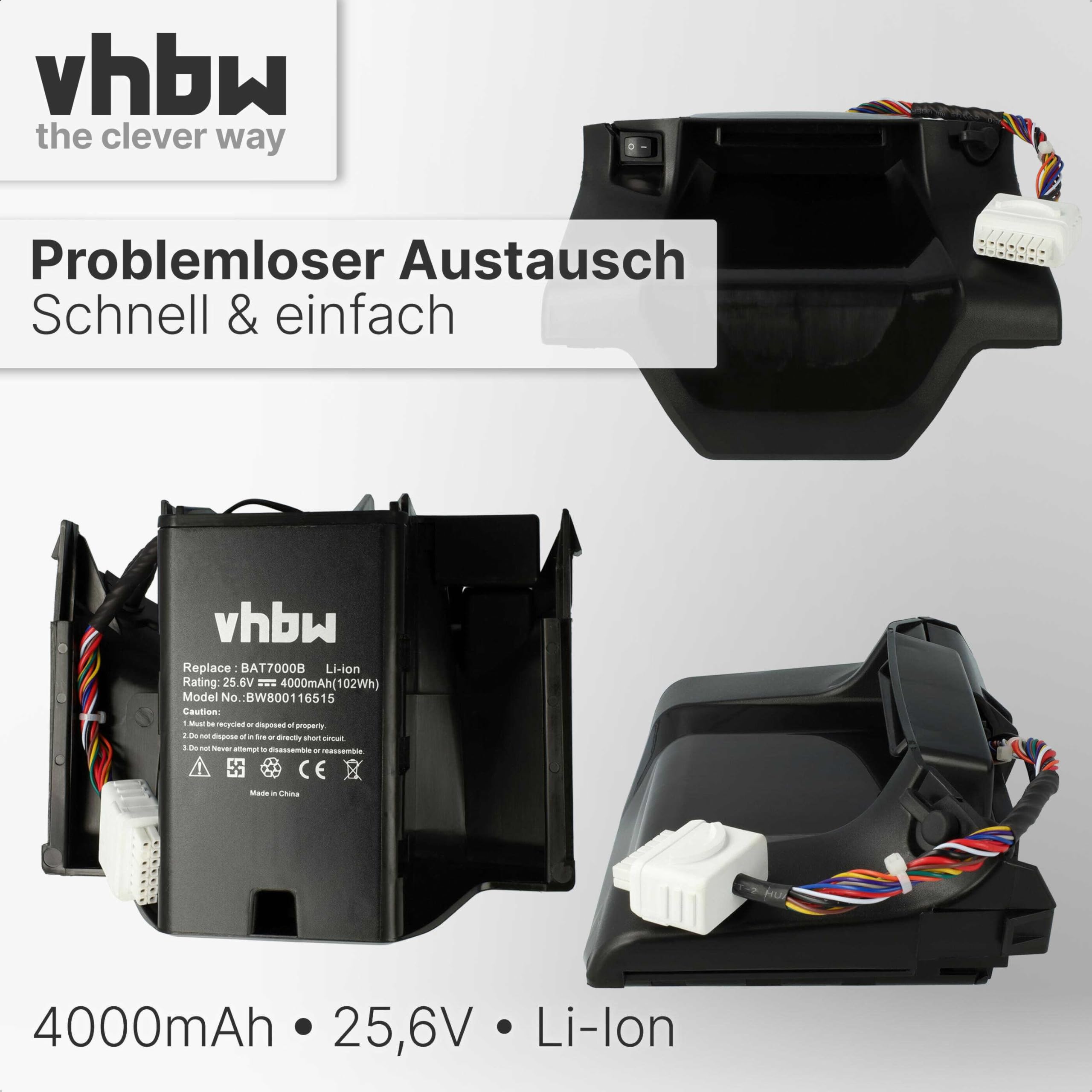 vhbw Akku kompatibel mit Robomow Premium RC302, RC304, RC304u, RC306, RC308, RC308u, RC312, RC312u Rasenroboter Rasenmäher (4000mAh, 25,6V, Li-Ion)