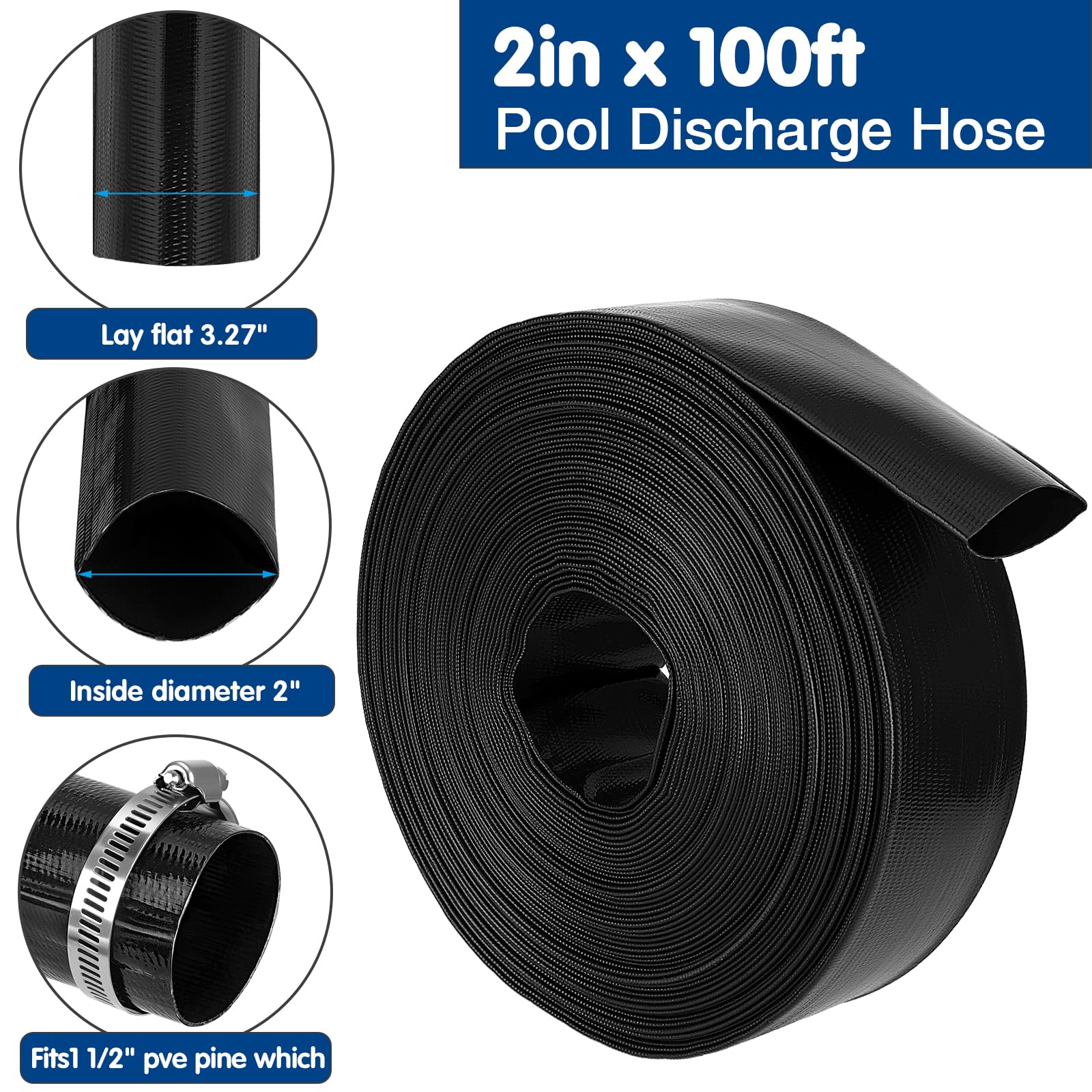 Manguera de retrolavado de piscina de 2 pulgadas x 100 pies, manguera de drenaje de piscina resistente, color negro (100 pies)