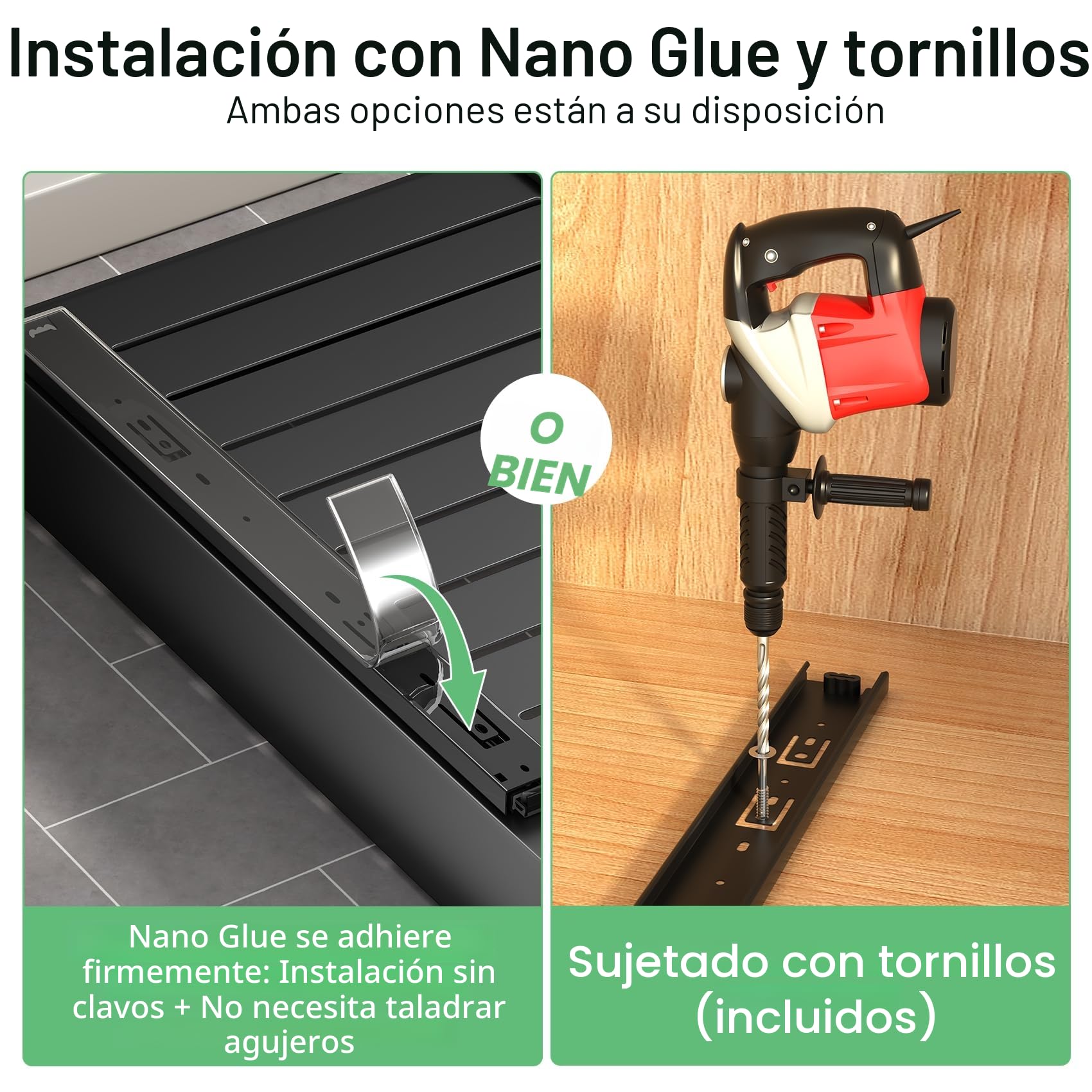 Cajones Extraíbles para Cocina 2 Unidades - 3 Guías de Deslizamiento Refuerzan Carga - Instalación con Cinta Nano-Adhesiva o Tornillos - Uso en Cocina, Baño y Dormitorio (43x30-50x5.8 cm, Negro)