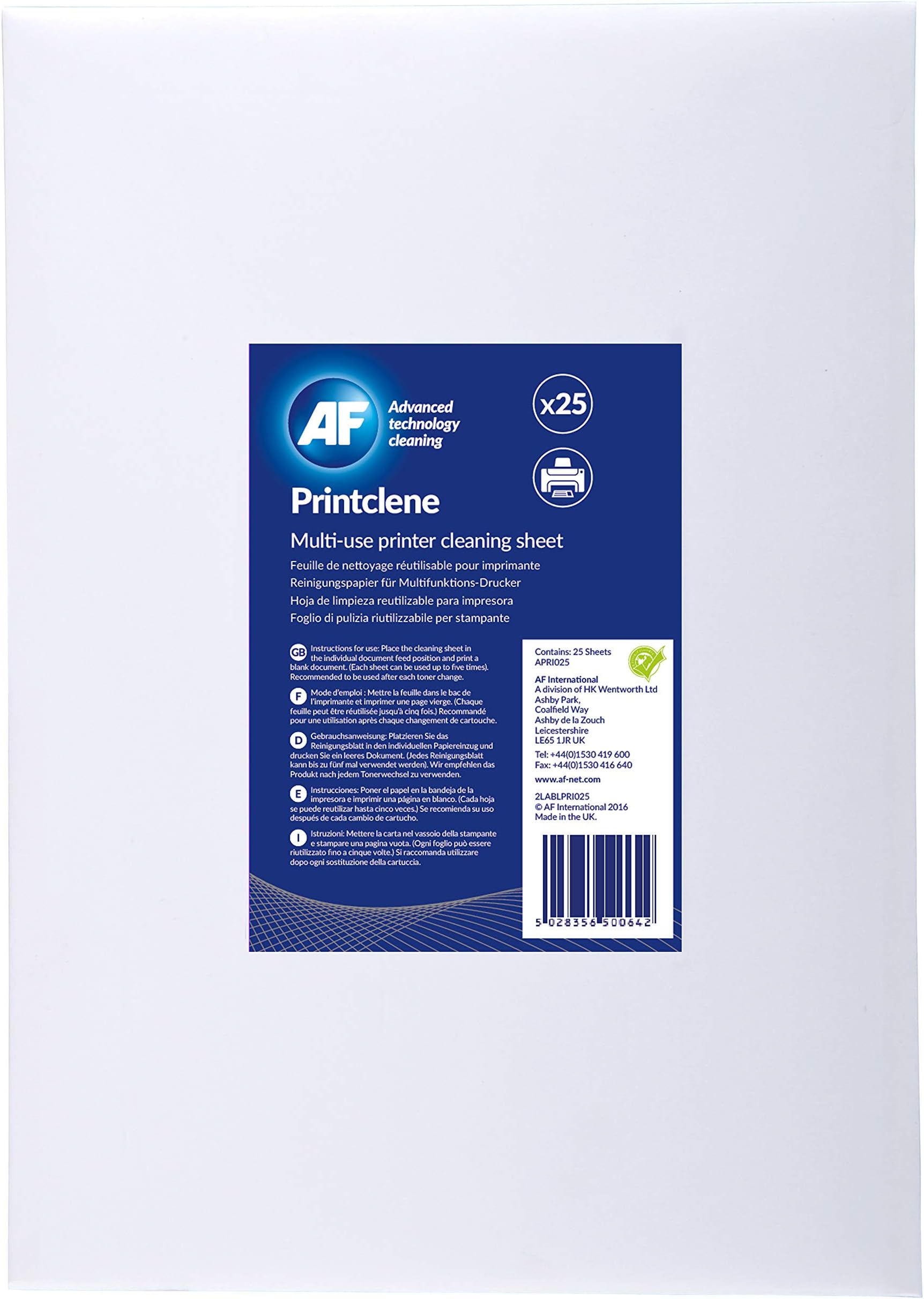 AF PRI025 - PRINTCLENE 25 SHEETS LASER PRINTER & FAX CLEANING