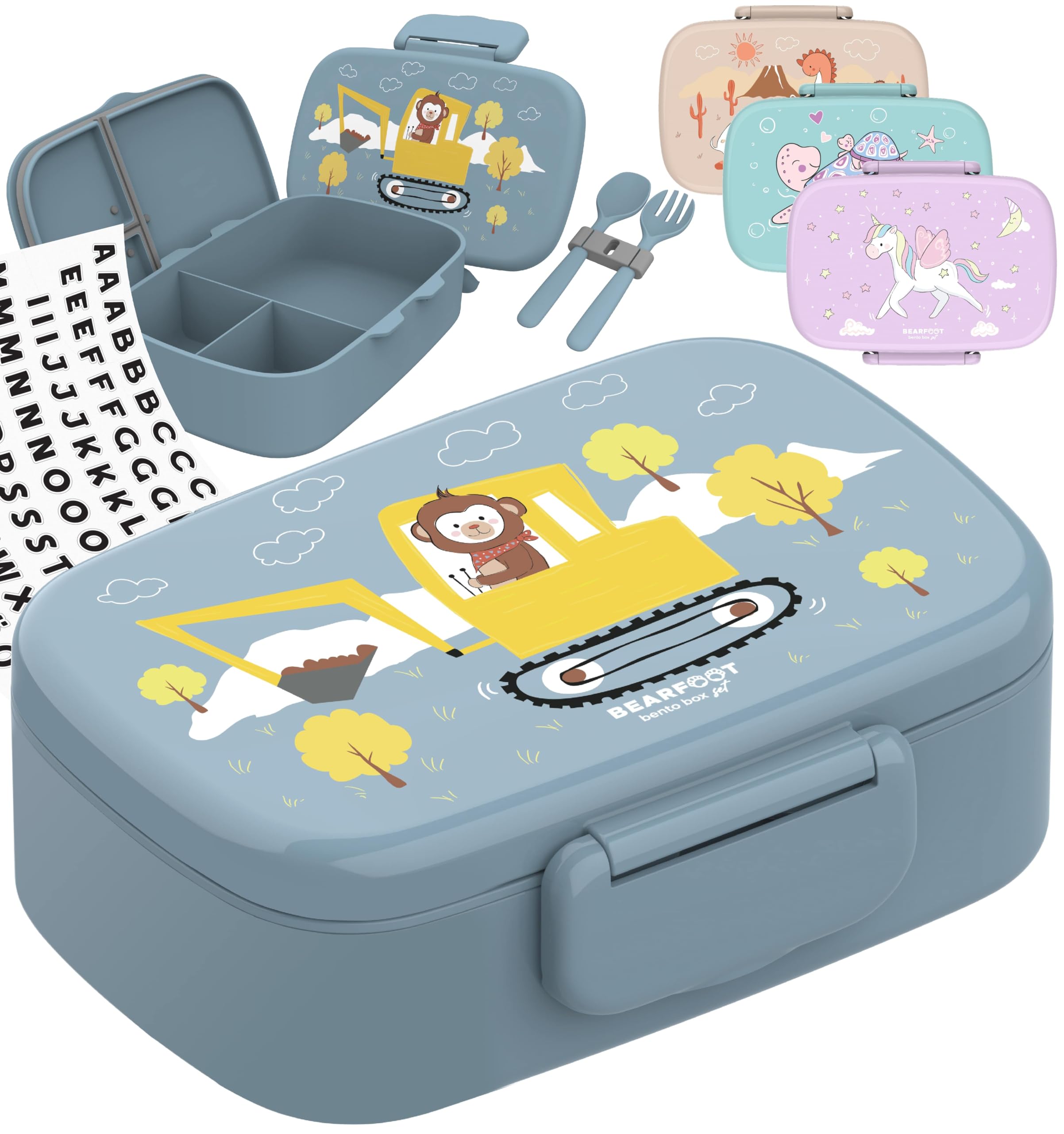 BEARFOOT Brotdose Kinder mit Fächern, BPA frei, Lunchbox, Bento box, Brotbox, Brotdose Mädchen & Jungen, Snackbox, 100% auslaufsicher, Vesperbox für Kindergarten, Schule (BaggerAffe)