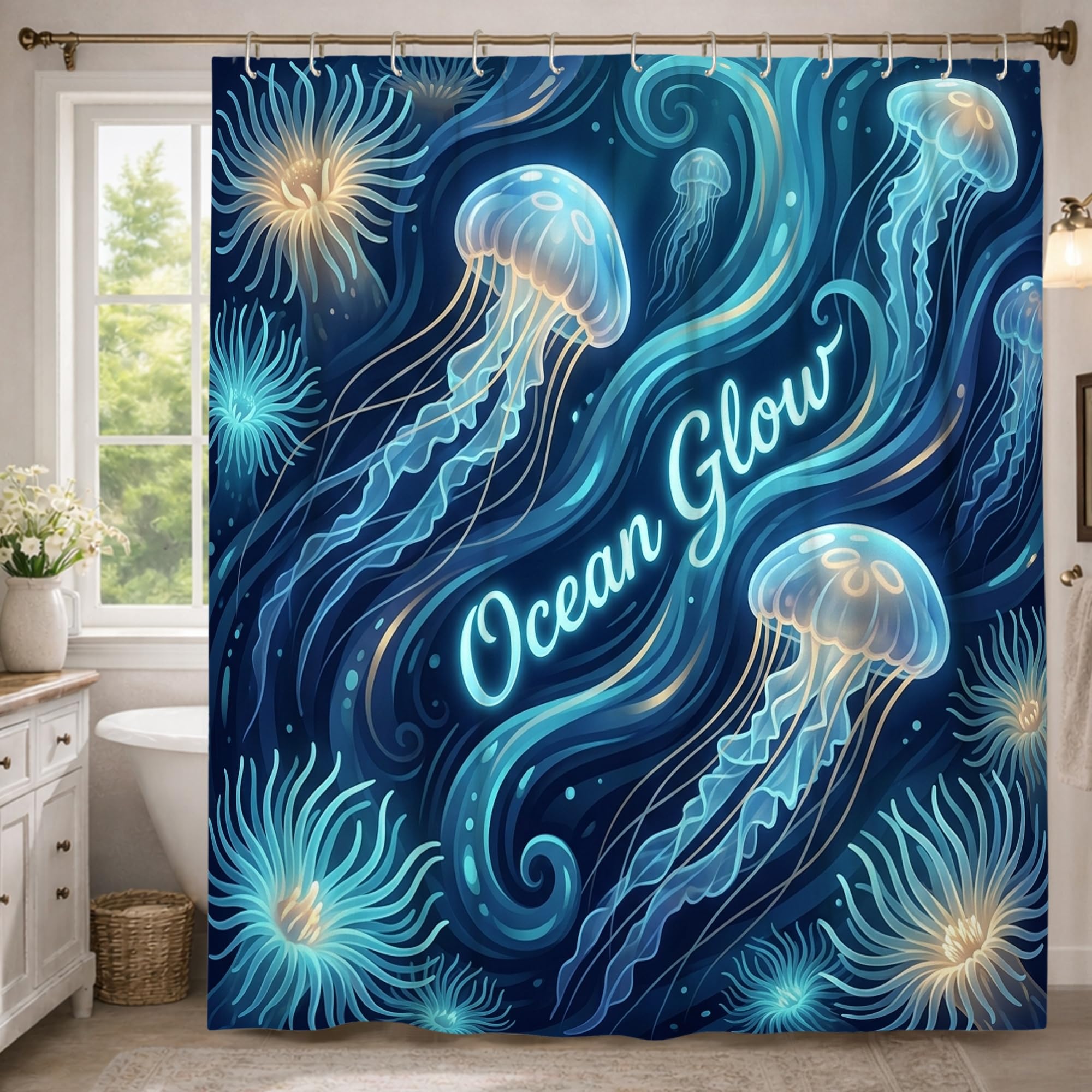 Rideau de douche 183 x 243 cm bleu lavable grand format avec crochets de suspension
