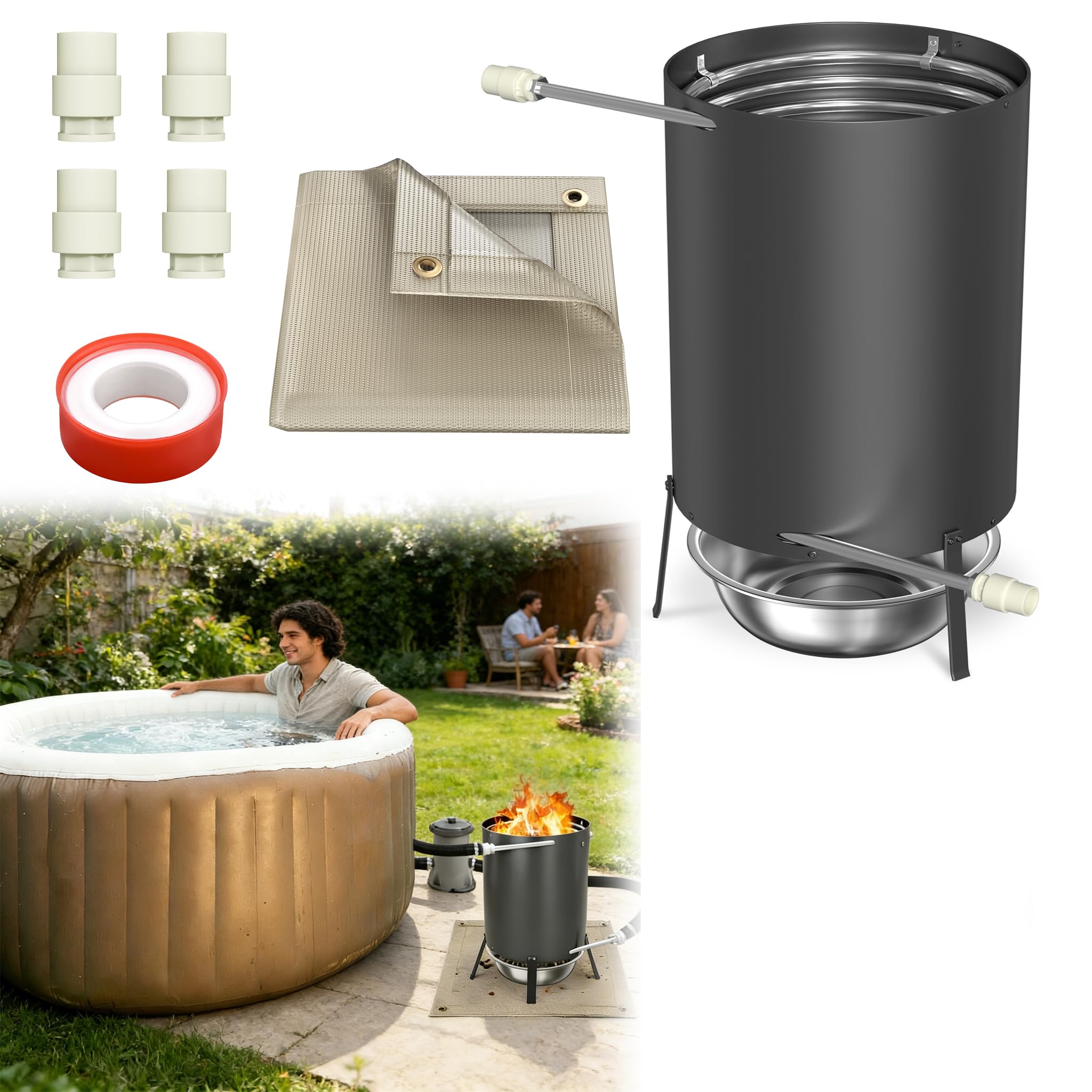 YEATHOR Firewood Pool Heater, Stainless Steel Fire Barrel Pool Heater, 32/38mm Connections, Wood Burning Heating Stove for Above Ground and Garden Pools, Equipped with Fireproof Mat and Tray, Black — image 1