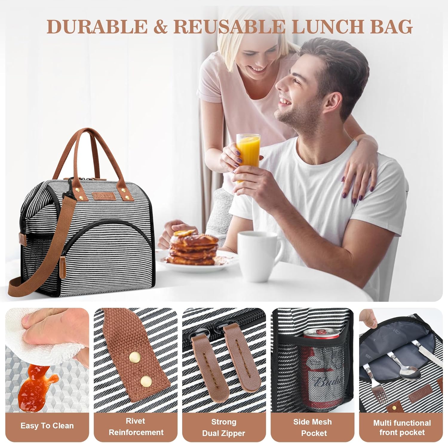 LOKASS Lunch Bag Insulated Lunch Box Wide-Open Lunch Tote Bag with Removable Shoulder Strap for Women/Men Adults Work Picnic Hiking Beach Fishing(Stripes) - Image 4