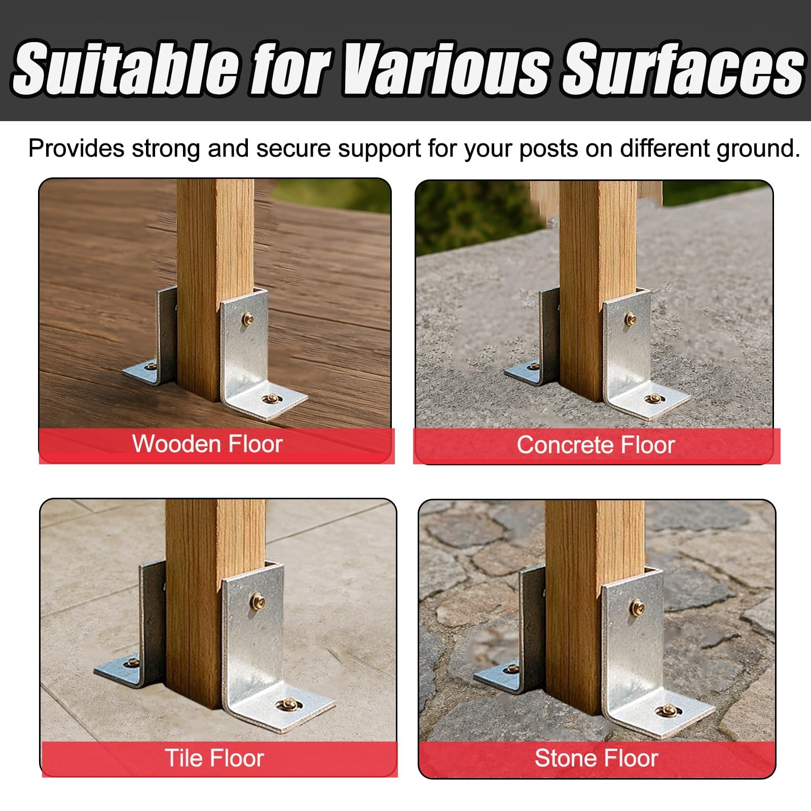 2 4 6 Pack Soporte Poste Madera Fácil Montaje Exterior | Anclaje de base poste acero galvanizado diseño abierto 3 lados pérgola/cerca/cubierta/jardín(2pcs,150x150mm/5.9x5.9'')