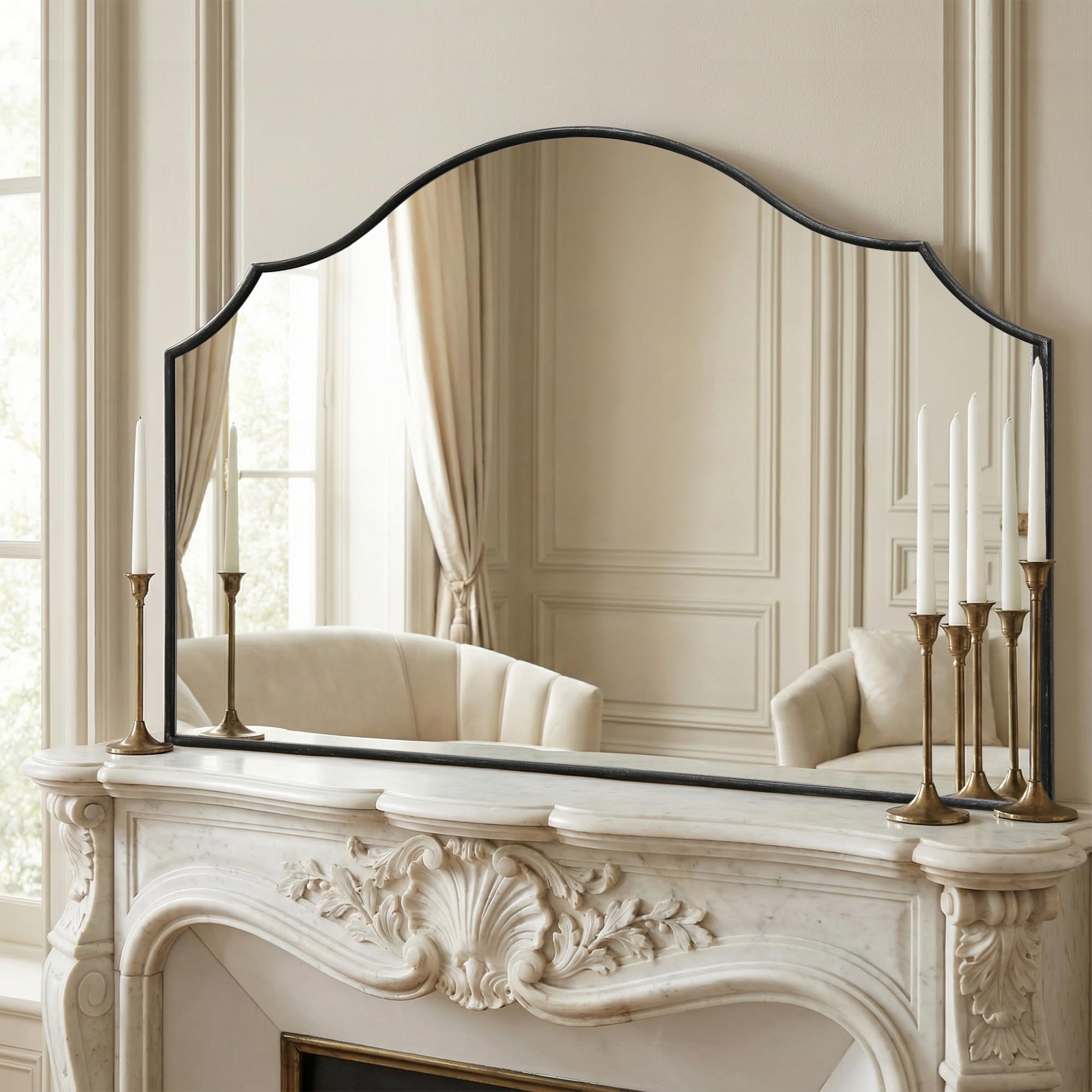 Besdomus Large Scalloped Black Mirror: 47"x31" Modern Minimalist Wood Frame Wall Mirror - Decorative Arched Fireplace Mirrors for Bathroom/Dresser/Entryway/Mantle/Living Room - Stylish Home Decor