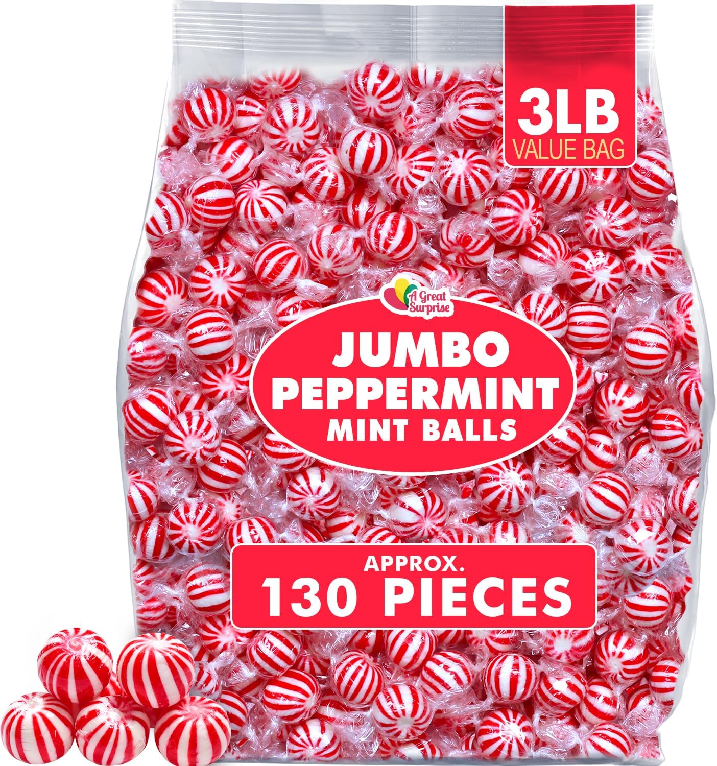 Jumbo Peppermint Balls - 3 Pounds - Christmas Mint Candies - Holiday Red and White Candy - Large Xmas Candies - Bulk Individually Wrapped Hard Candy