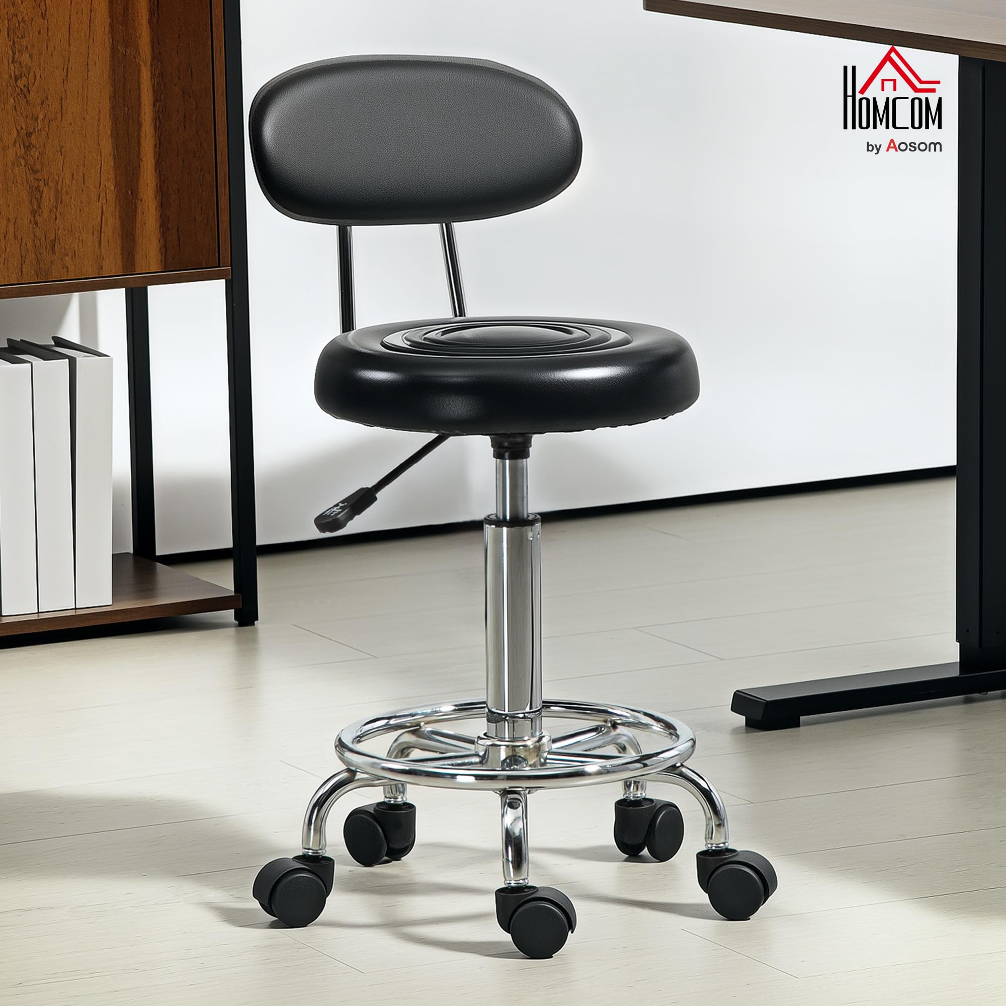 HOMCOM Tabouret à roulettes avec hauteur ajustable 70-86 cm, tabouret de massage pivotant avec dossier et repose-pieds, chaise de travail à roulettes pour salon de massage, tatouage, clinique, noir