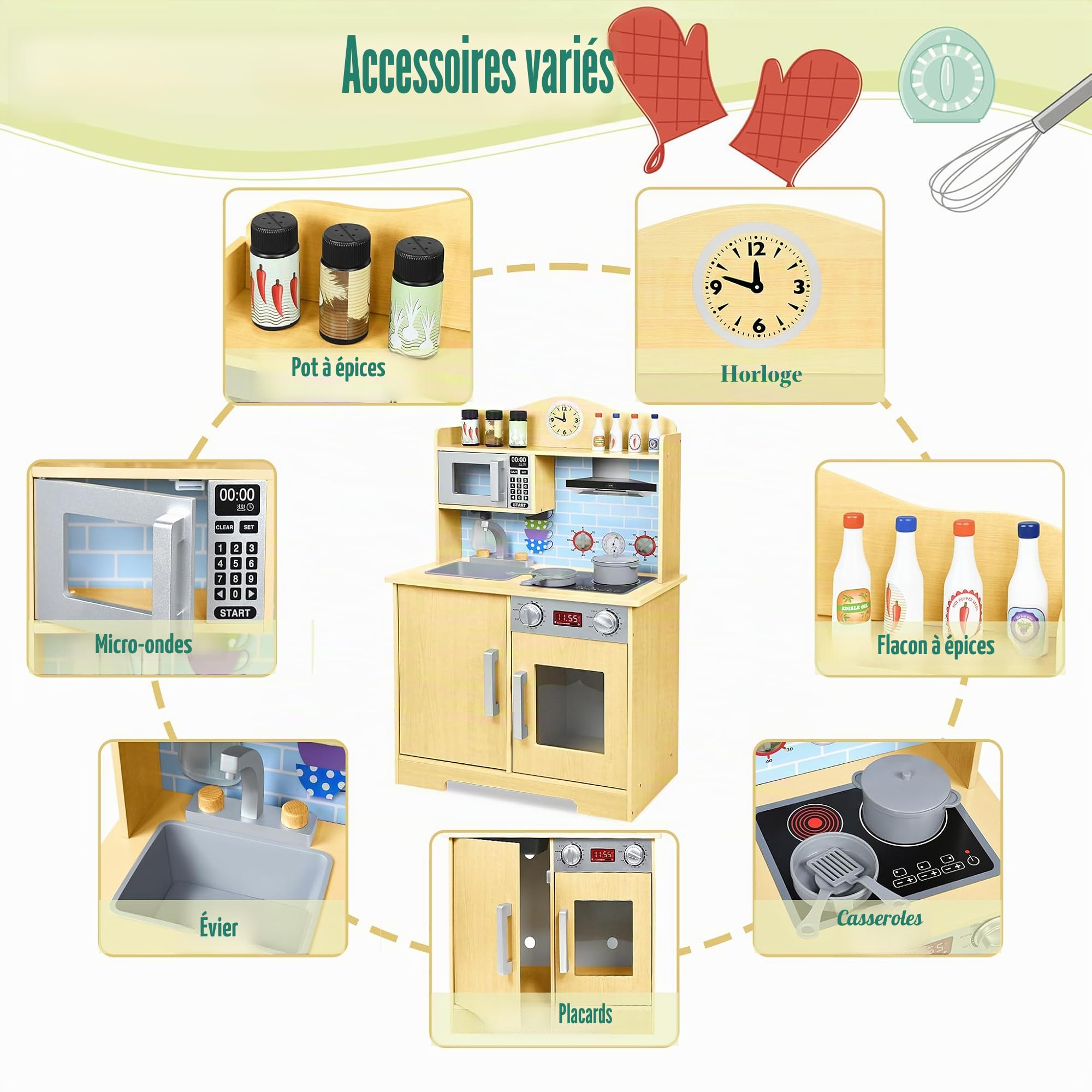 UISEBRT Cuisine Enfant en Bois, Cuisine Jouet avec Plaque de Cuisson, évier, Micro-Ondes, Hauteur 92 cm, Dès 3 Ans, modèle B