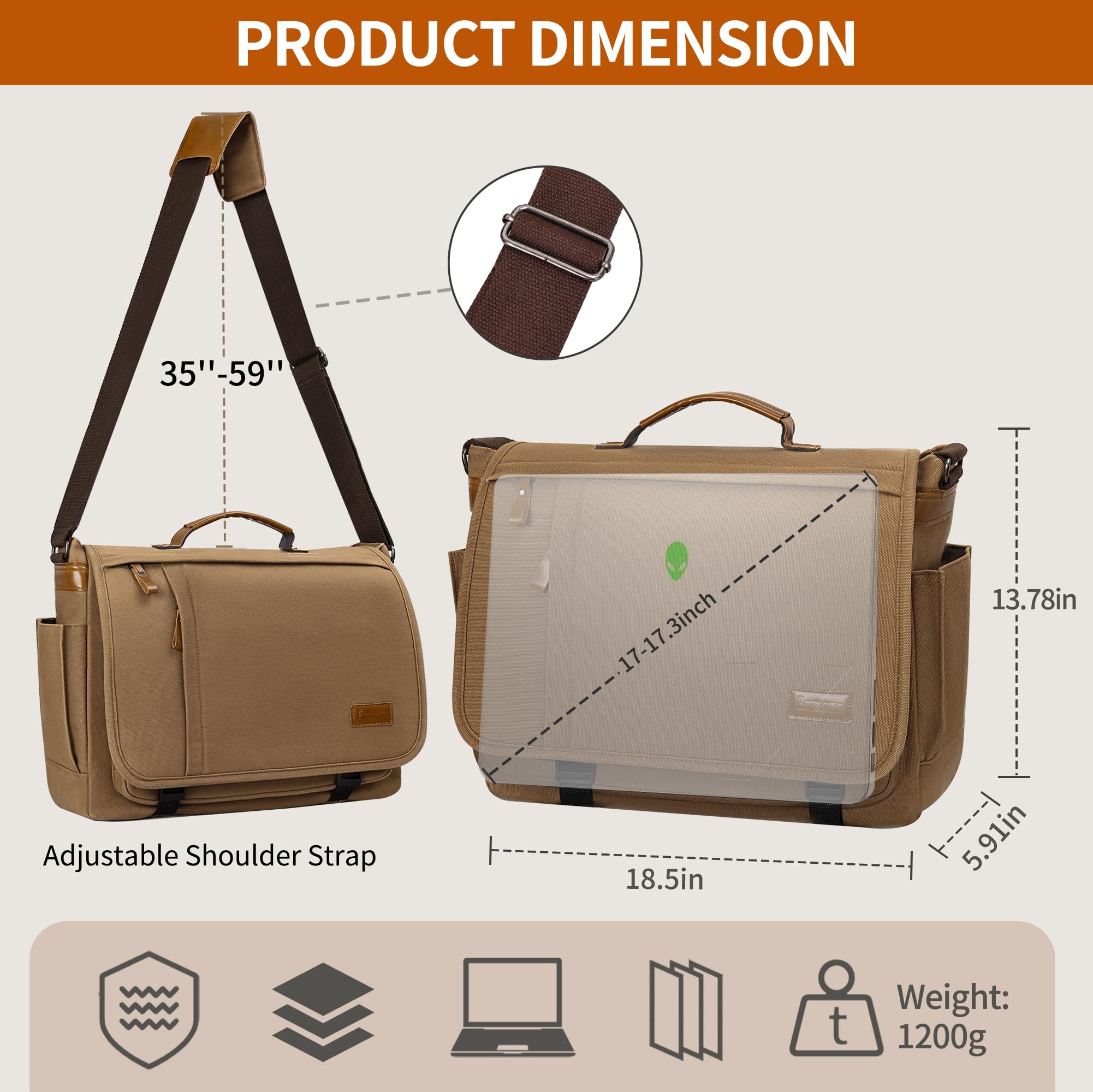 Estarer 15.6-17.3 Inch Laptop Messenger Bag for Work School,Mens Water Resistant Canvas Crossbody Shoulder Bag