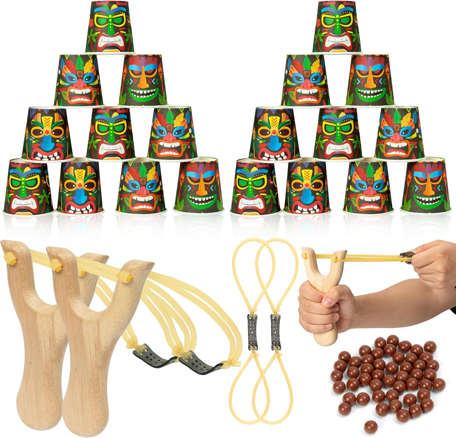 TICIAGA Summer Luau Tiki Stacking Cups Game Set with Toss Sling Shot for Party, Hawaiian Aloha Tiki Tropical Party Game, Summer Beach Birthday Accessories 2 Wooden Slingshot 24 Cup 50 Pellet & 2 Band