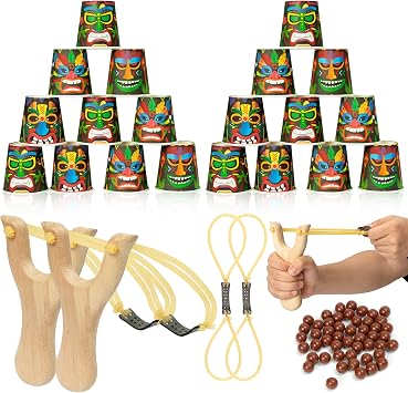 TICIAGA Summer Luau Tiki Stacking Cups Game Set with Toss Sling Shot for Party, Hawaiian Aloha Tiki Tropical Party Game, Summer Beach Birthday Accessories 2 Wooden Slingshot 24 Cup 50 Pellet & 2 Band