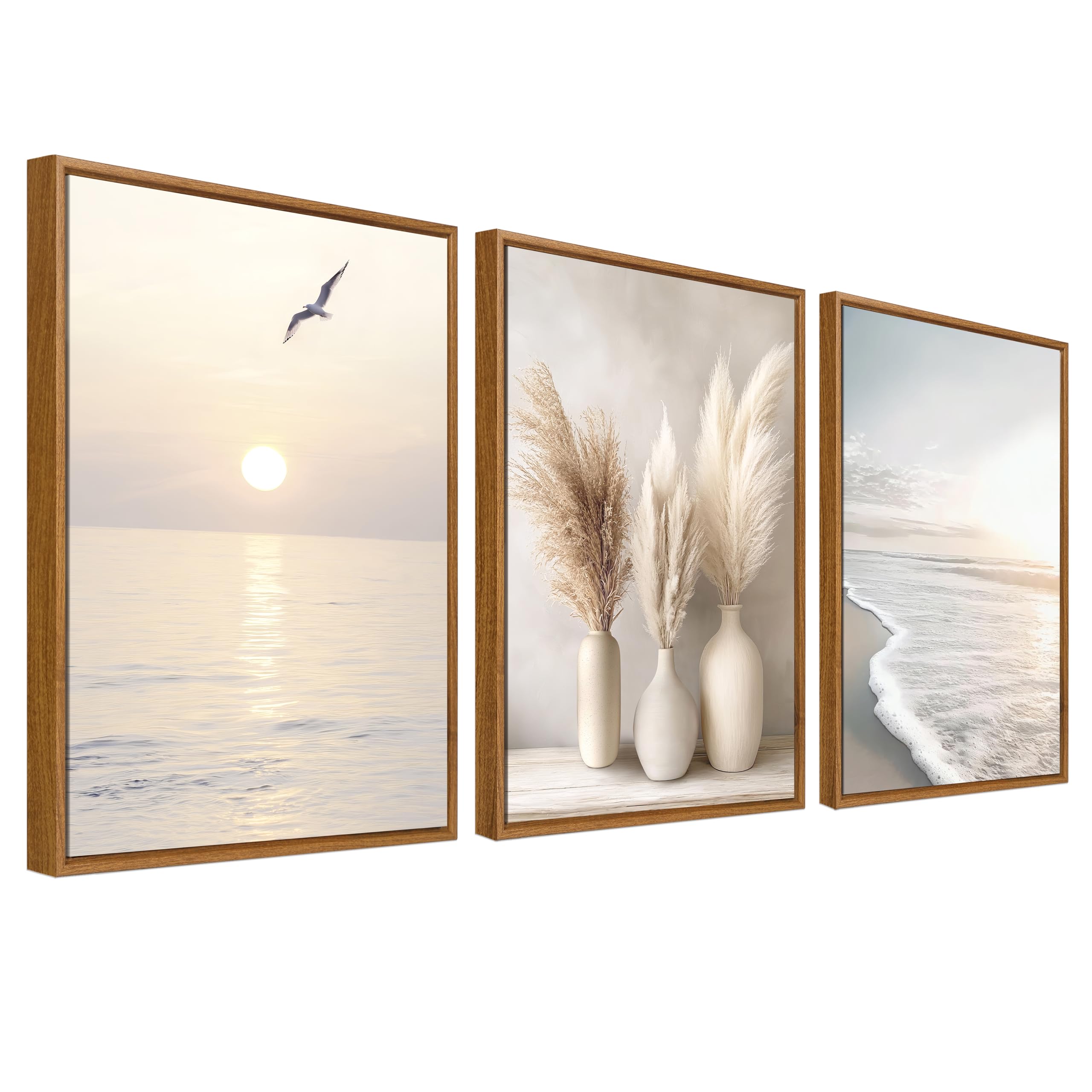 Framed Canvas Wall Art Set of 3 Coastal Beach Sea Wave Painting Prints for Wall Poster Boho Pampas Grass Ocean Sunset Pictures for Living Room Bedroom Hallway 40x60cm x3pcs (No Acrylic Glass) โ image 1