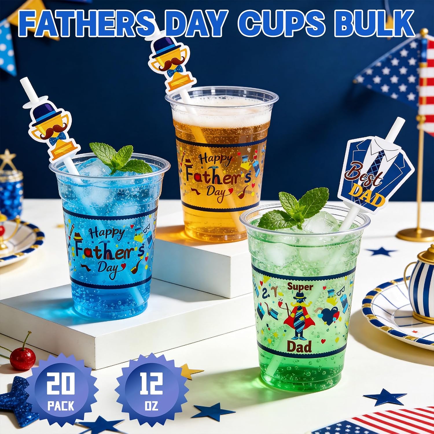 MUOUAKATE Father's Day Cups, 12 oz Happy Fathers Day Decorations Party Supplies Disposable Clear Plastic Cups Bulk with Straws and Decorative Cards for Fathers Day Dad Birthday Home Dinner, 20 Pcs