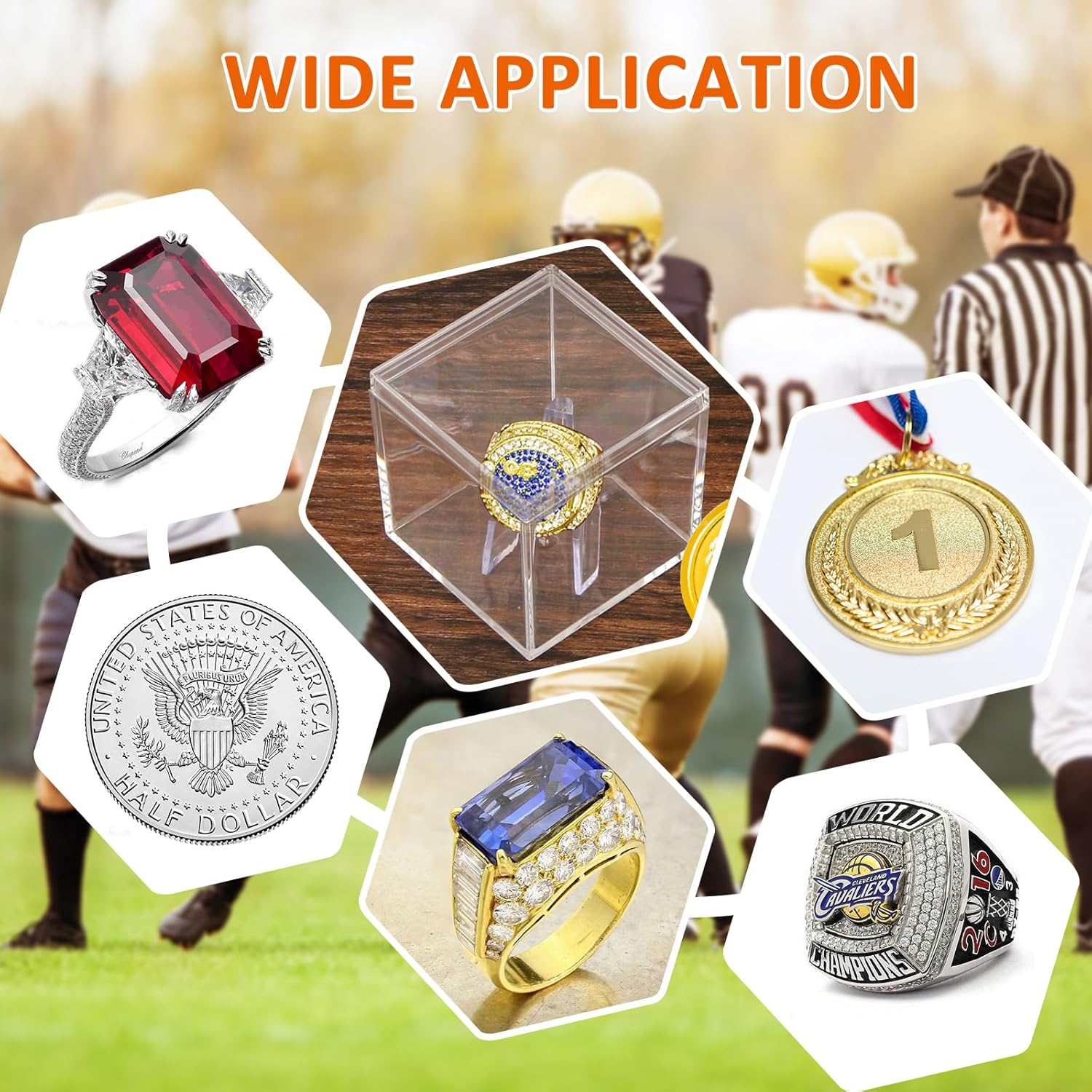 Championship Ring Display Case, Clear Acrylic Display Case Ring Box with Holder Mini Baseball Softball Football Ring Holder Display Box Single Stand for Sports Fans, Pack of 2