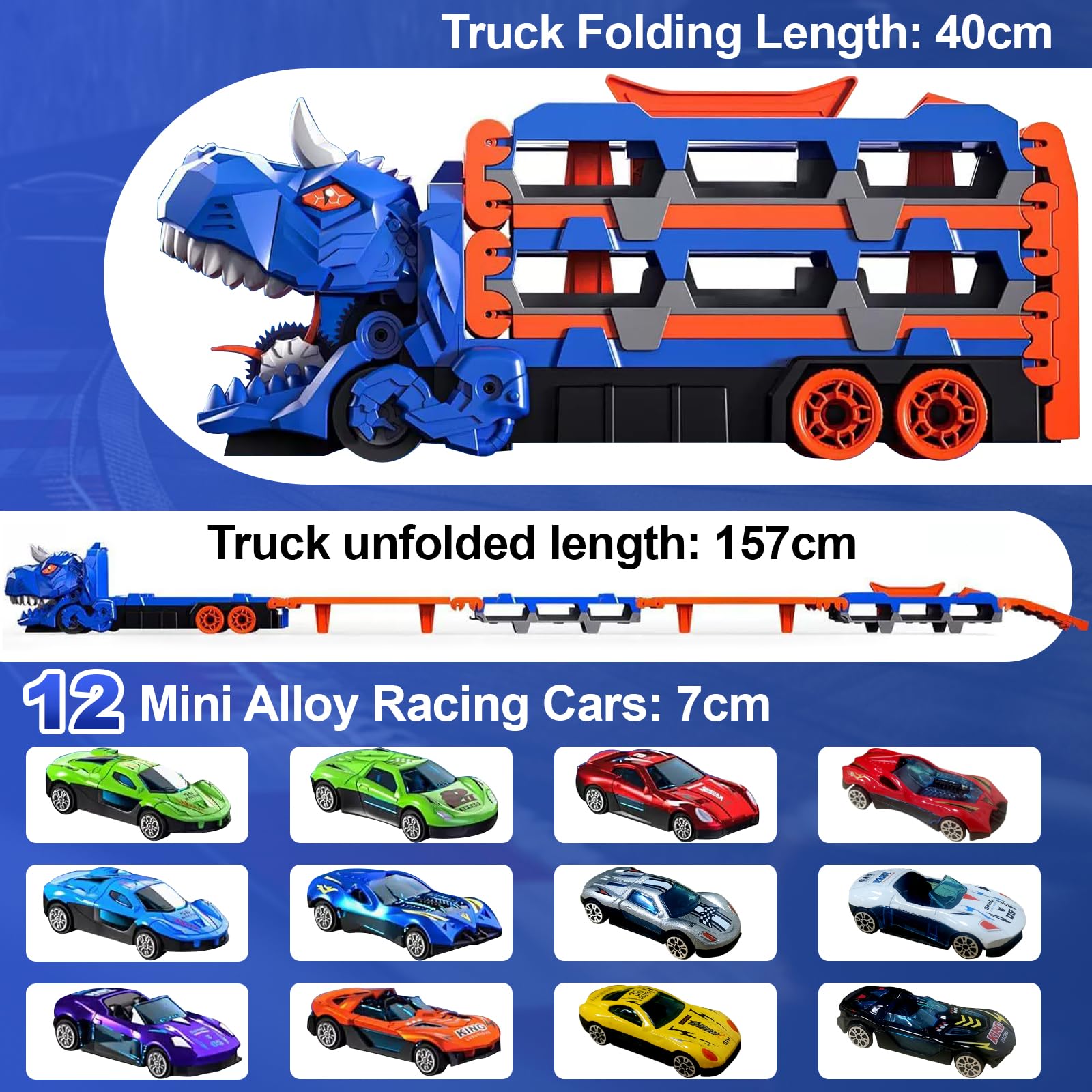 Camion Trasporto Dinosauri, Transporter Truck Macchinine Giocattoli con 12 Auto da Corsa e Pista Pieghevole Camion Trasportatore di Dinosauri Giocattolo Regalo per Ragazzi dai 2 3 4 5 6 7 Anni