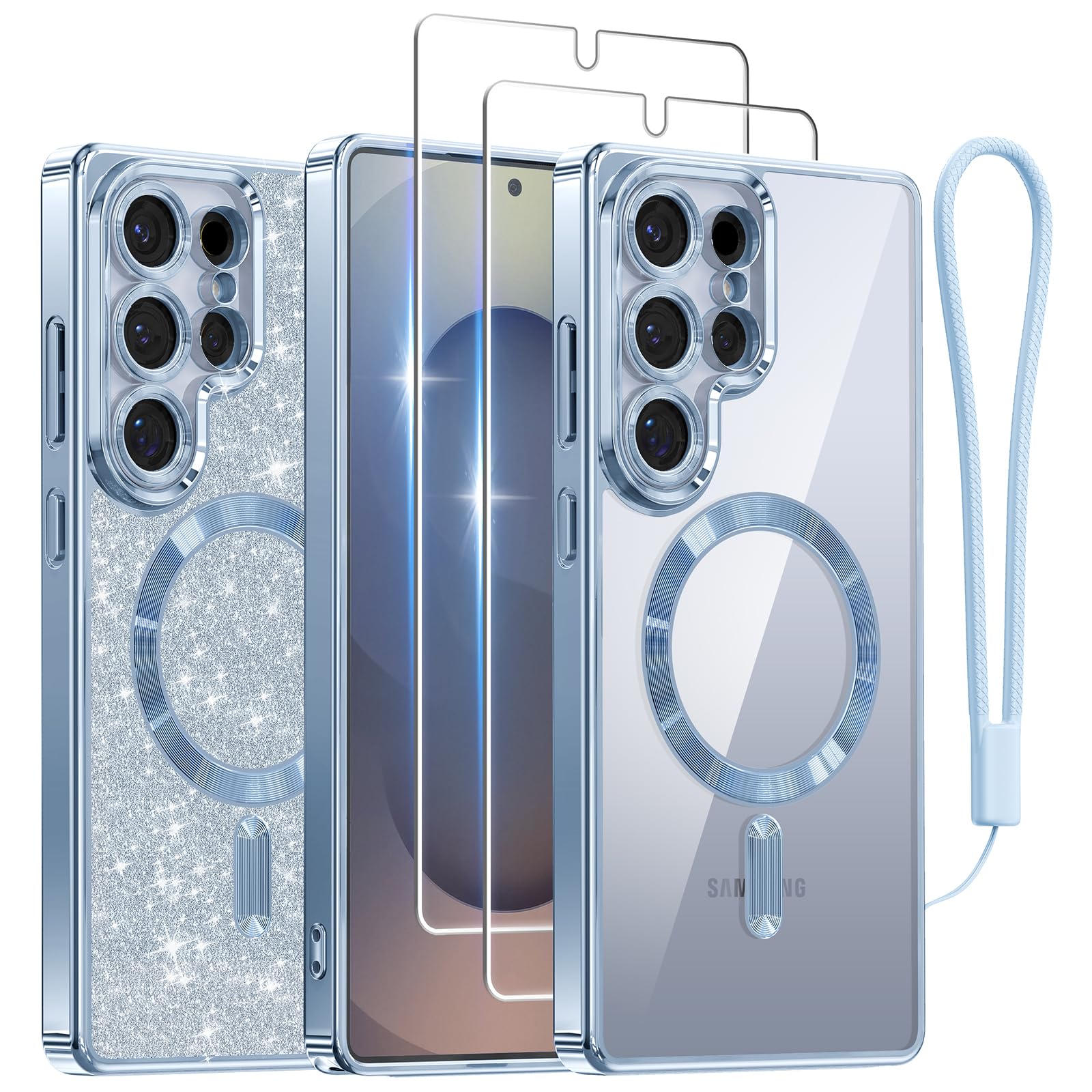 Meifigno Case for Samsung Galaxy S25 Ultra 6.9 inch, [Compatible with MagSafe] [2X HD Screen Protectors] [Glitter Card & Wrist Strap] Full Lens Protection Case for Galaxy S25 Ultra, Silverblue