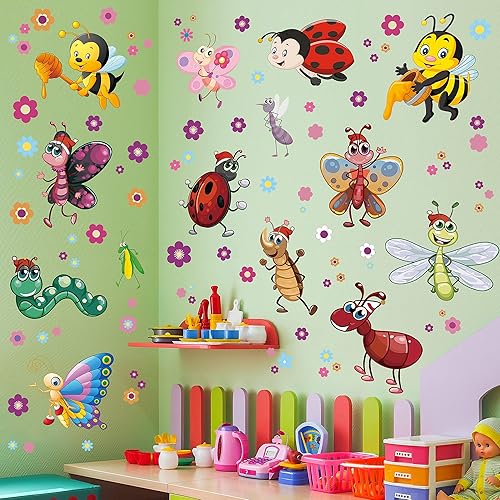 Calcomanía de pared de insectos de dibujos animados, extraíble, flor de abeja, mariposa, hormiga, serpiente, mariquita, libélula, mantis rezando,