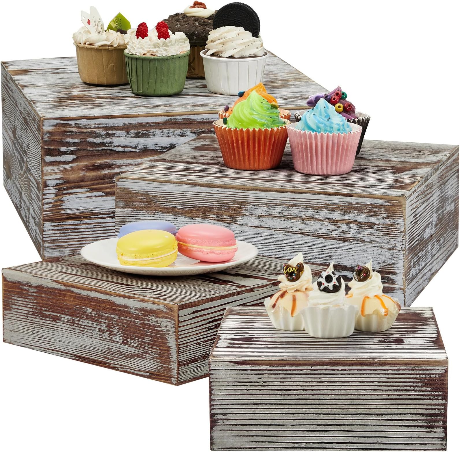 Set of 4 Large Wood Display Risers Rustic Cupcake Stand Size 11.8",10",7.8",6.3", Wooden Stackable Display Box Wood Cake Stand for Dessert Wedding Birthday Christmas Party(Classic)