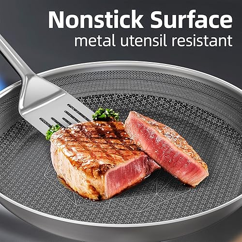 Miniatura 3 de COOKER KING Juego de 3 sartenes de acero inoxidable (8+10+12 pulgadas), sartenes antiadherentes, juego de sartenes de inducción, sartén de chef,