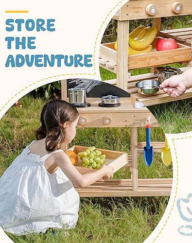 Miniatura 7 de ROBOTIME Cocina de barro para niños al aire libre, cocina de madera al aire libre con accesorios, juego de cocina para niños para patio trasero,
