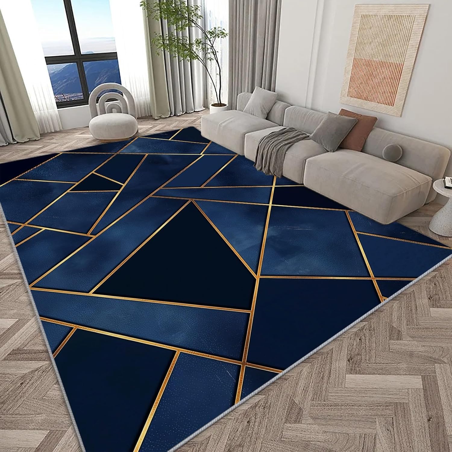 Navy Blue Marble Rug 160x230cm Abstract Modern Luxury Gold Line Geometric Carpet, Simple Stylish Interior Floor Mats Washable Non-Slip Low Pile Soft Large Area Rug for Living Room Lounge Hallway