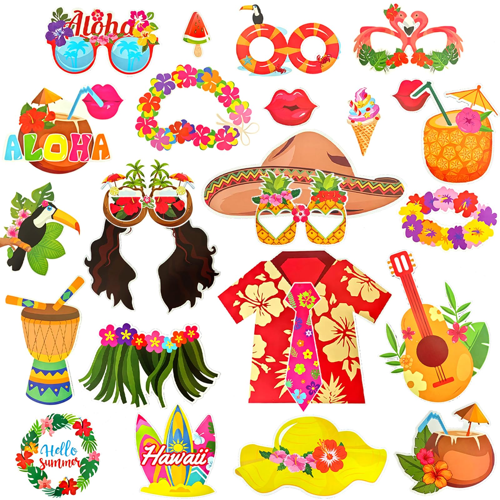 EMORBALS 30Pcs Luau Photo Booth Props - Large Tropical Hawaiian Party Decor for Summer, Beach & Pool Parties