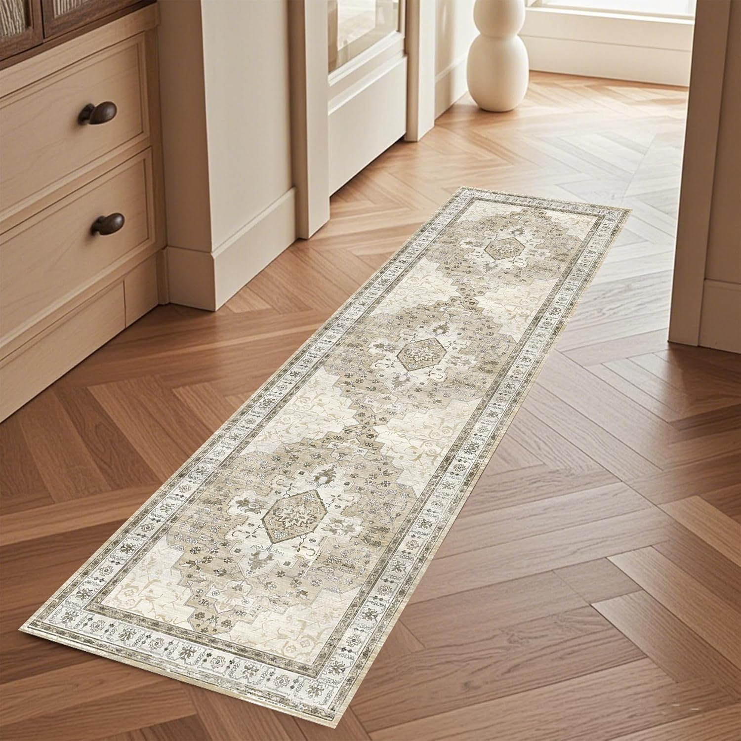 Vintage Boho Runner Rug for Hallways: 2.5x10 Non-Slip Washable Faux Cashmere Low-Pile Runner Rugs for Kitchen Bedroom Yellow