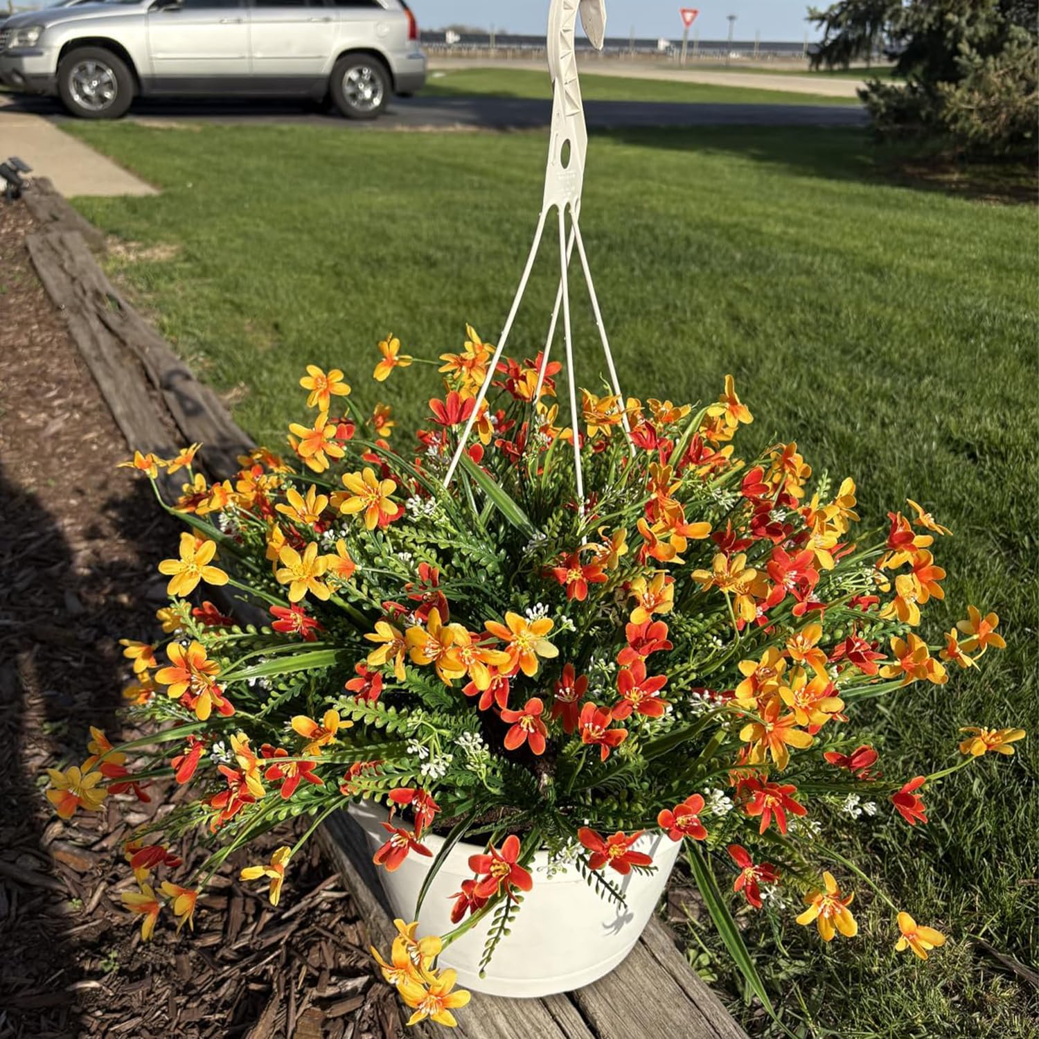 Artificial Fall Fake Flowers with Hanging Basket for Outdoor Fall Decoration, Fake Mums Silk Flowers UV Resistant Faux Flower Plants for Porch Patio Garden Balcony Outside Indoor Autumn Decor (Orange) - Image 3
