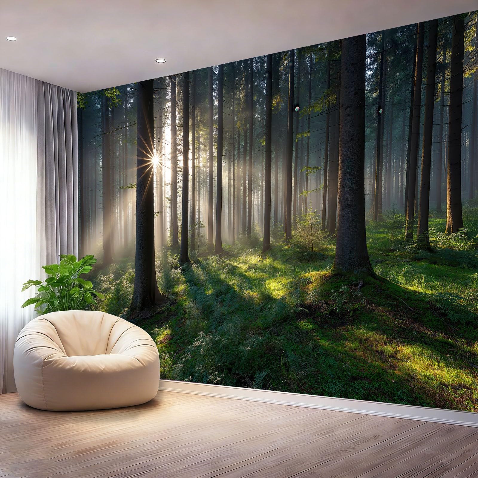 Panoramiczna tapeta natura dżungla pień drzewa mgiełka światło słoneczne łąka polar nowoczesna dekoracja ścienna salon sypialnia sypialnia biuro jadalnia, 250 x 175 cm