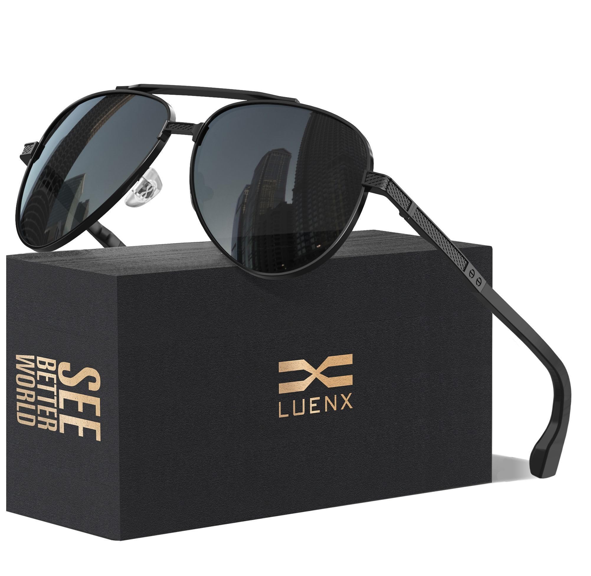 LUENX Aviator Sunglasses for Men Polarized Driving Sun Glasses UV400 Protection 60mm,Black Lens Black Frame
