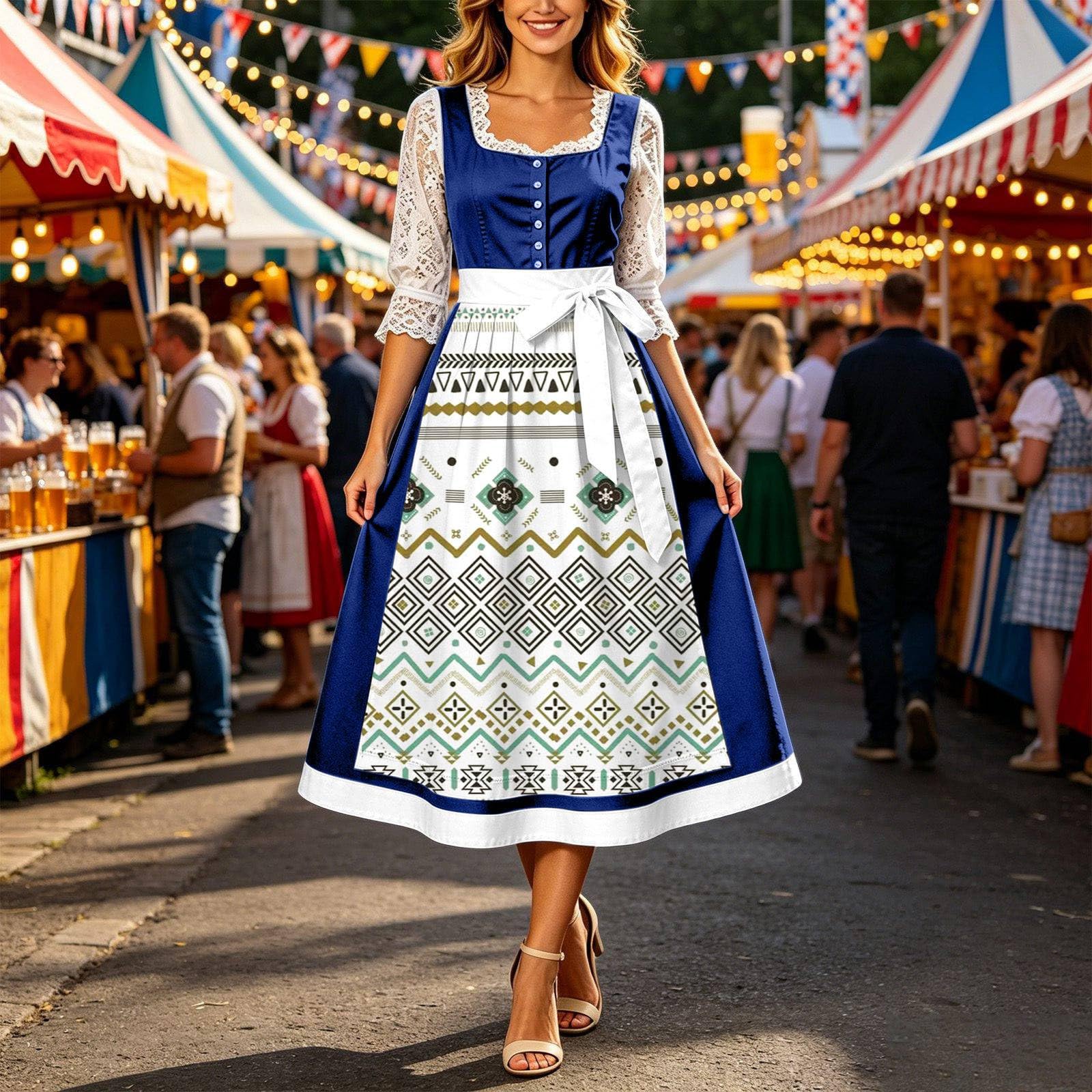 Elegante Abito Bavarese da Donna con Cintura in Vita e Bottoni sul Davanti per Occasioni Festive e