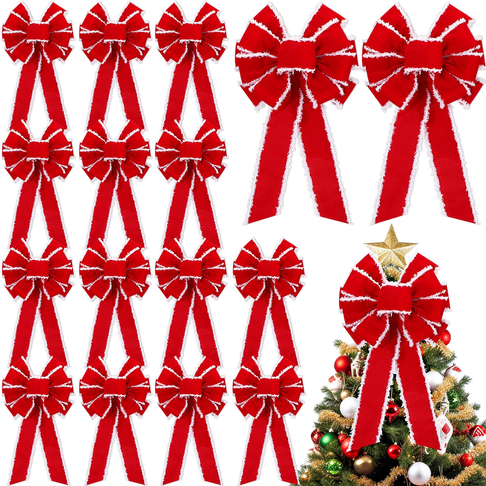 Riceshoot 12 Pieces Extra Large Christmas Bow 10 x 26 Inch Velvet Wired Ribbon Bow Christmas Tree Topper Bow Xmas Embellishment Craft Bow for Wreath Party Favors Home Indoor Outdoor Decoration (Red)