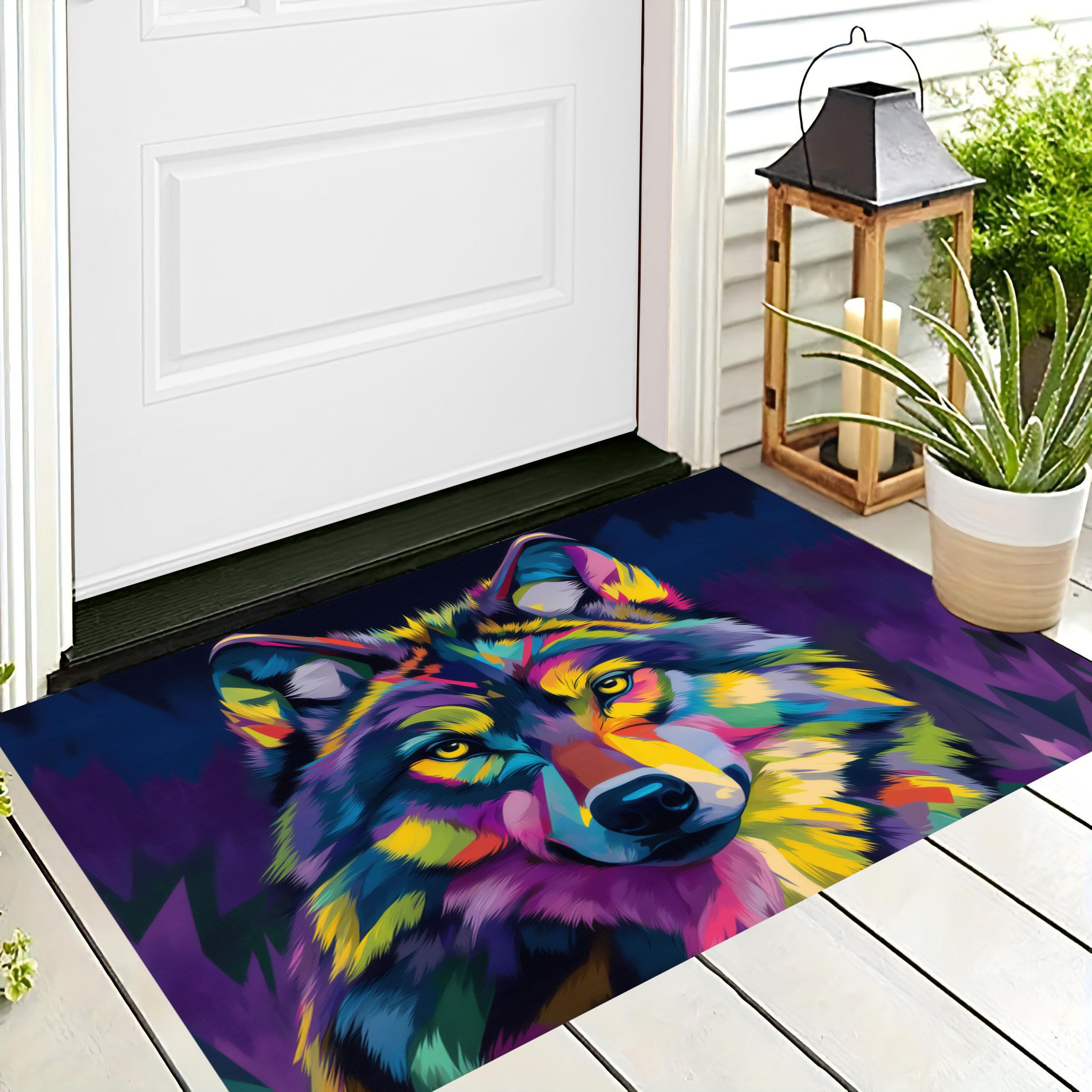 Tapis de porte loup abstrait violet 80x120 cm poil ras