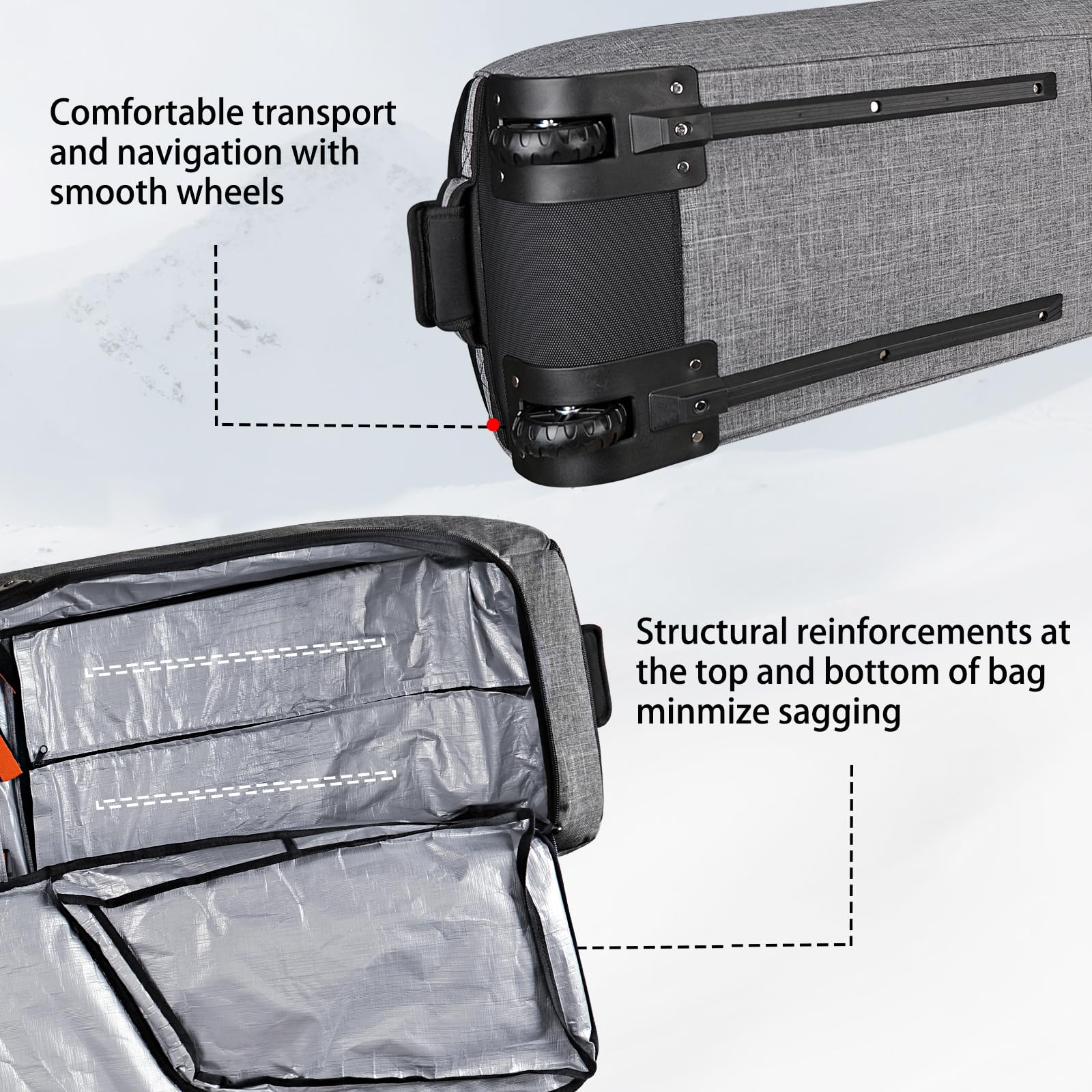 Goloni Skitasche mit Rollen, gepolsterte Snowboardtasche für Flugreisen, 600D wasserdichter Stoff, faltbare Schneetasche für 2 Paar Ski