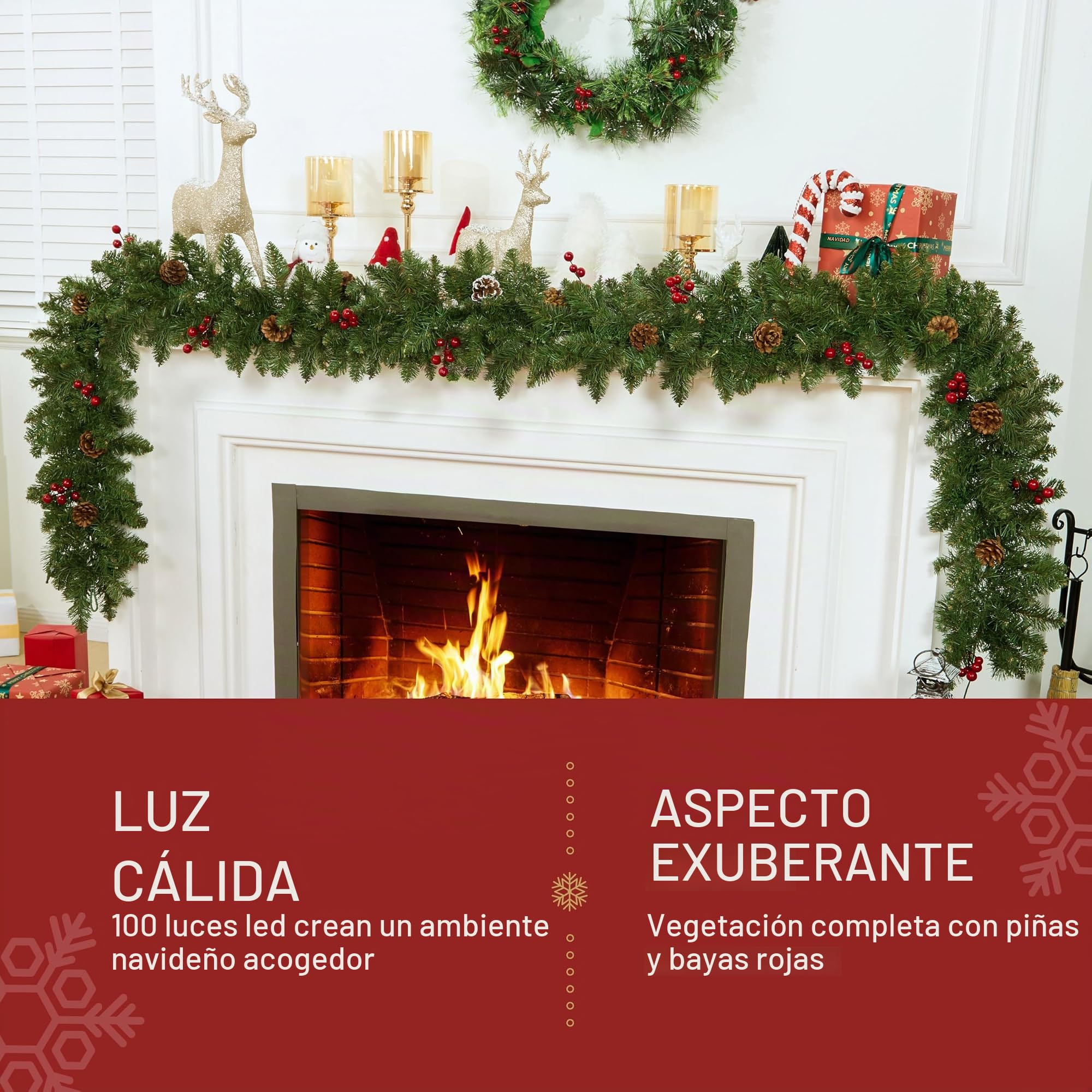 270 cm Guirnalda de Navidad Decoración Led para Árbol Artificial Premium 100 Luces LED Y Piñas Naturales Conectable A Más Guirnaldas