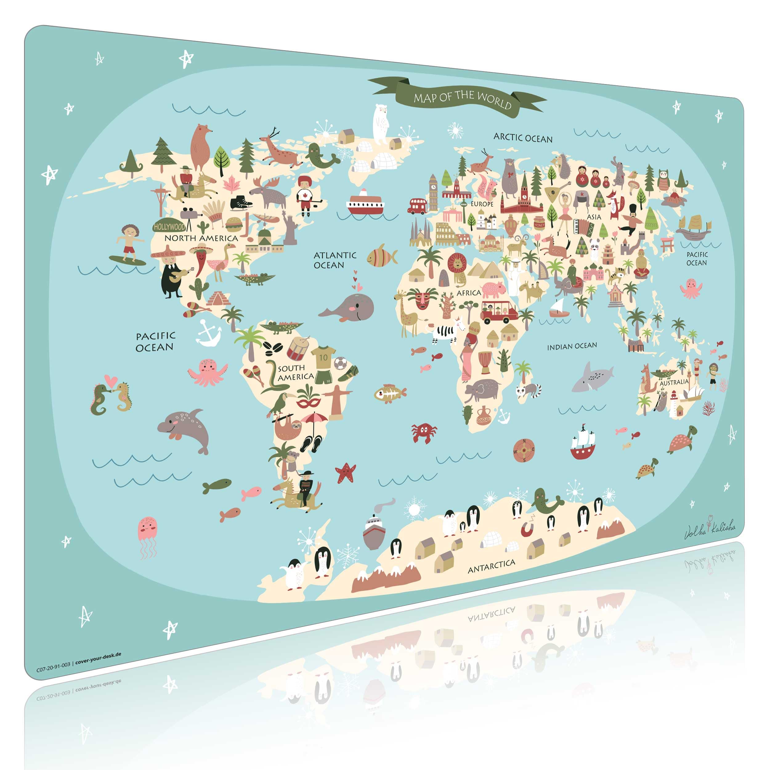 Sottomano da scrivania per bambini – "mappa del mondo" – in vinile resistente di prima qualità (senza plastica BPA) – 60 x 40 cm – Sottomano per la migliore protezione – Made in Germany