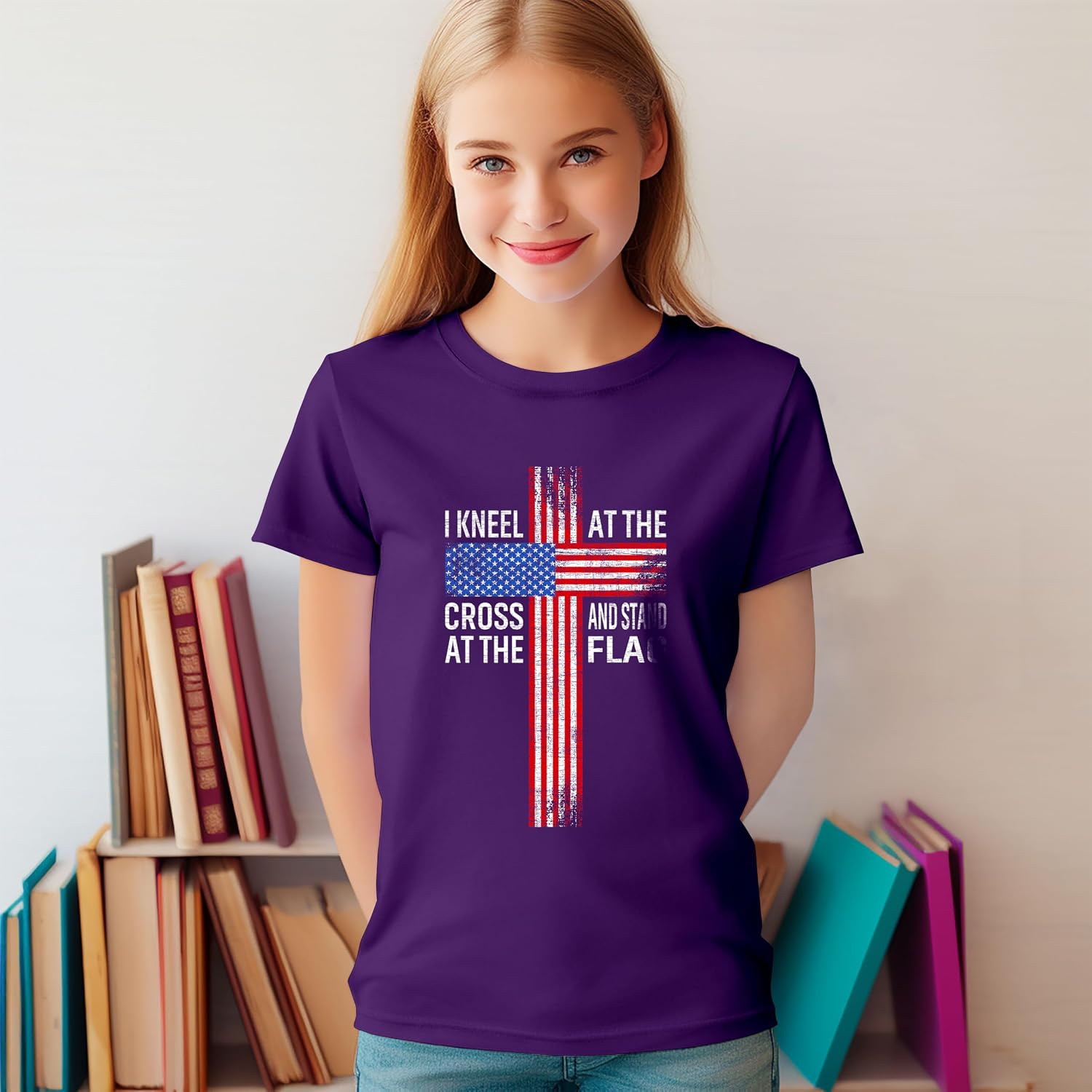 Kneel at The Cross and Stand at The Flag 4th of July Shirt for Men Women Kids Army Dad Mom Grandpa Husband Son
