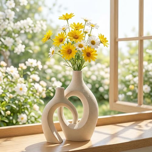 Extra Large Cream White Ceramic Vase Set of 2, Aesthetic Flower Vase Home Decor Living Room, Nordic Modern Boho ins Style Decorative Flower Vase for Coffee/Dining Table Decor