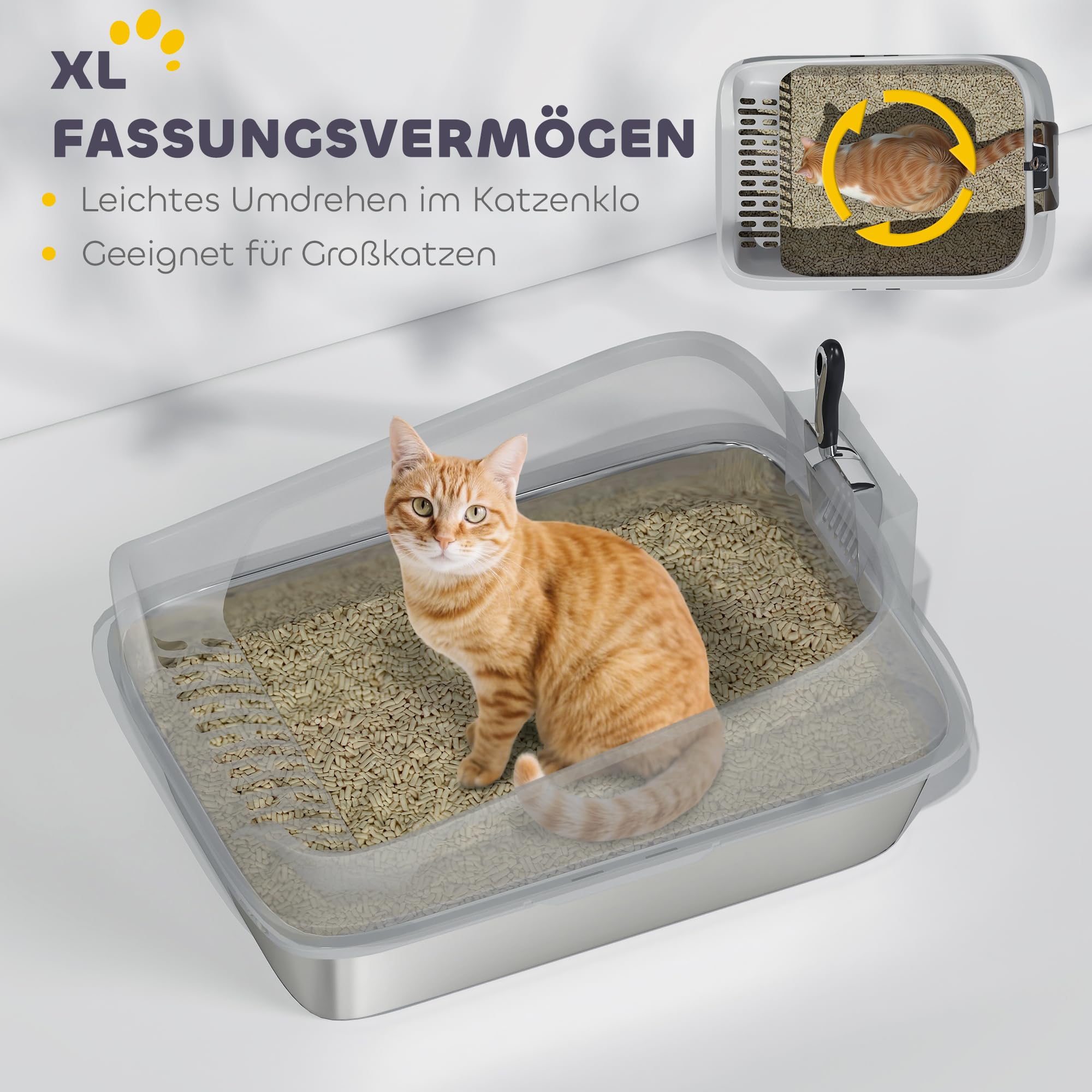 PawHut Katzentoilette Edelstahl XXL für Katzen 60,2 x 40,2 x 29,7 cm Grau | Edelstahl, Offene Katzenklo Ohne Deckel, Mit Schaufel, Hohem Rand, Cat Litter Box, Bis 7 kg