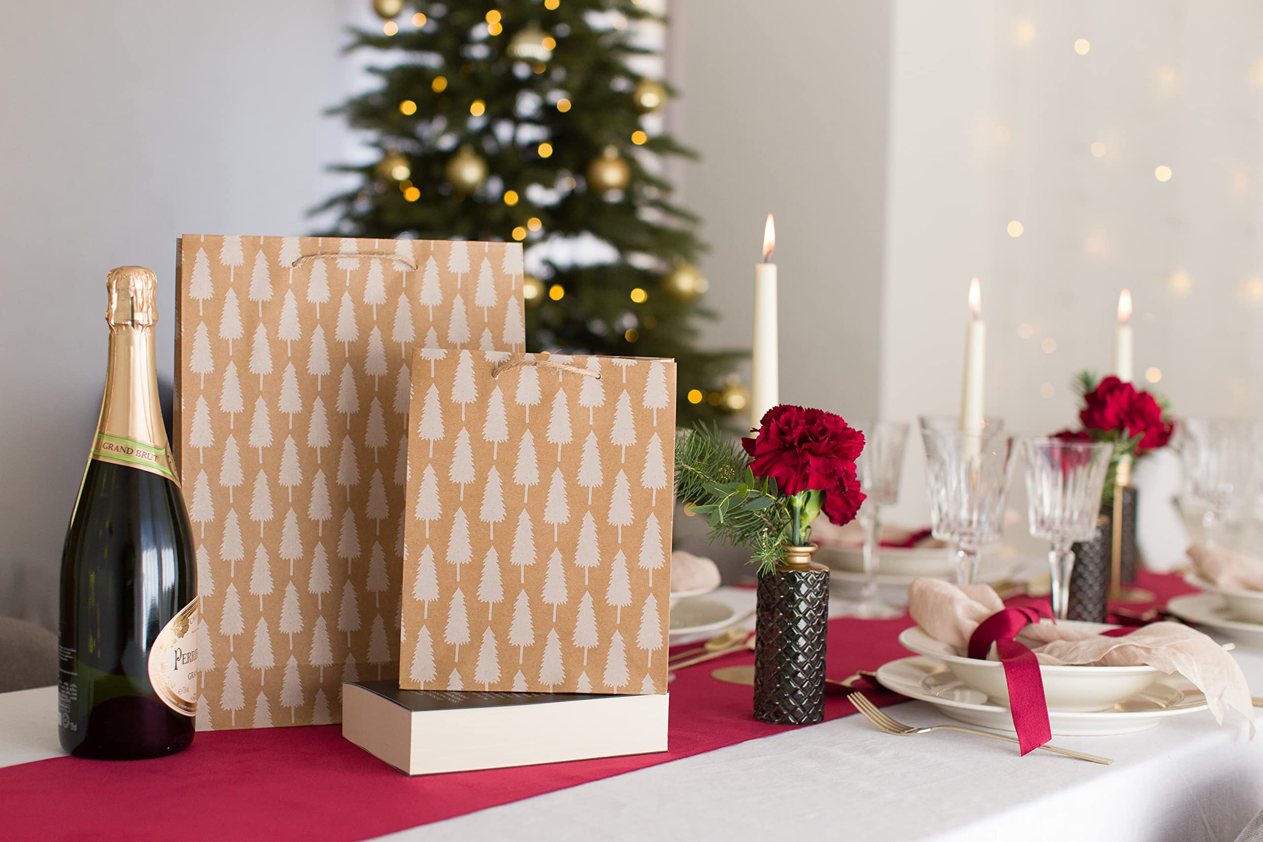 100% Mosel Sacchetti Regalo Natalizi Kraft 12 Pezzi 18x23x8 Cm - Stile Scandinavo Con Manico In Iuta - 5
