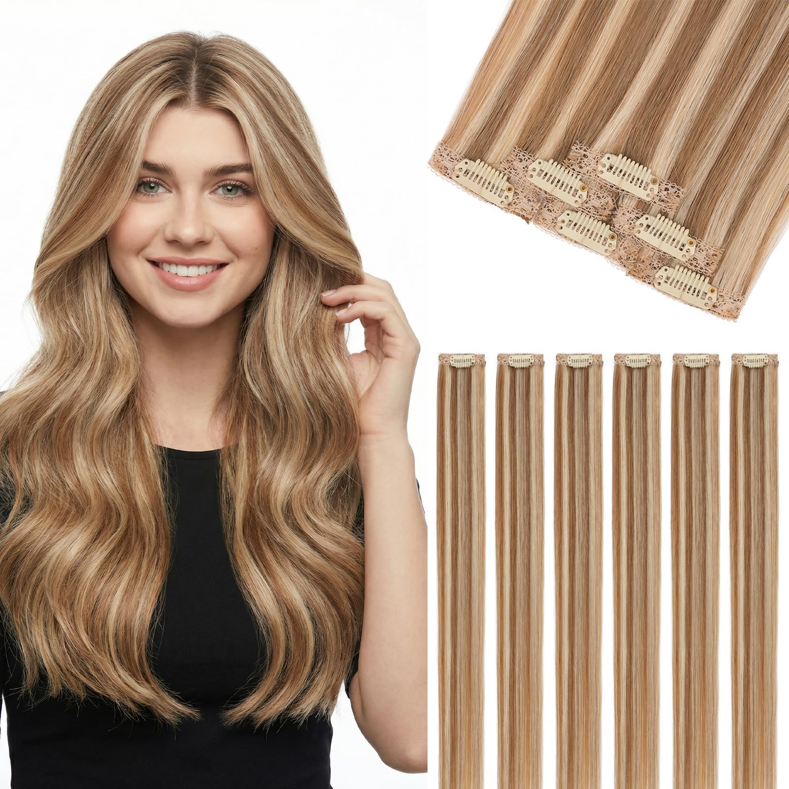 SEGOHAIR Clip in Extensions Echthaar, 6 Stücke Single Clip Highlights Hair Extension Glatt Haarverlängerung Natürlich für Frauen Damen Hellbraun Mix Bleichblond#6P613R,45cm 44g