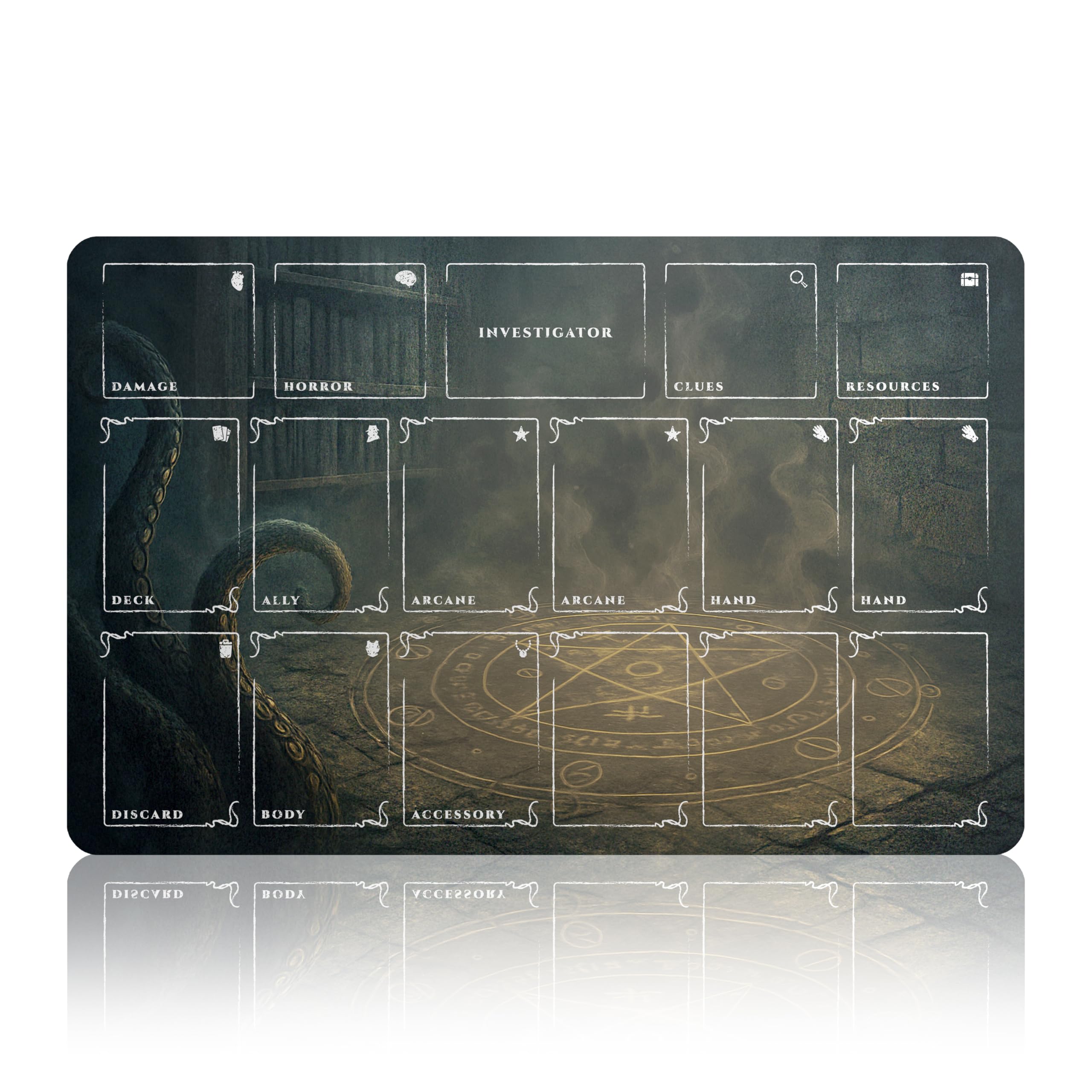 Amazon.com: Arkham Horror Card Game Player Mat – 17x11” LCG Investigator Game  Mat with Deck Zones – 5 Colors Options – Non-Slip Stitched Edges Playmat :  Toys & Games