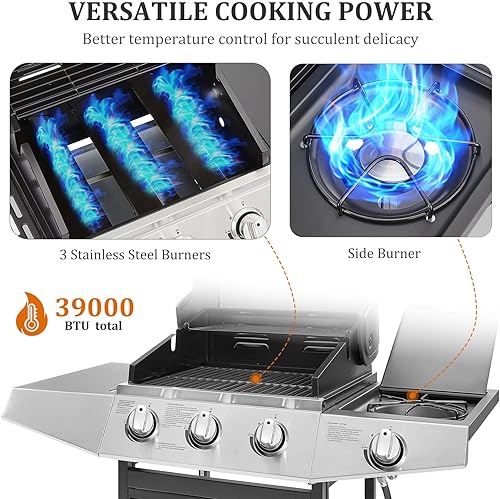 Vista 4 de Unovivy - Barbacoa de gas propano de 3 quemadores con quemador lateral y rejillas de hierro fundido esmaltadas en porcelana con termómetro