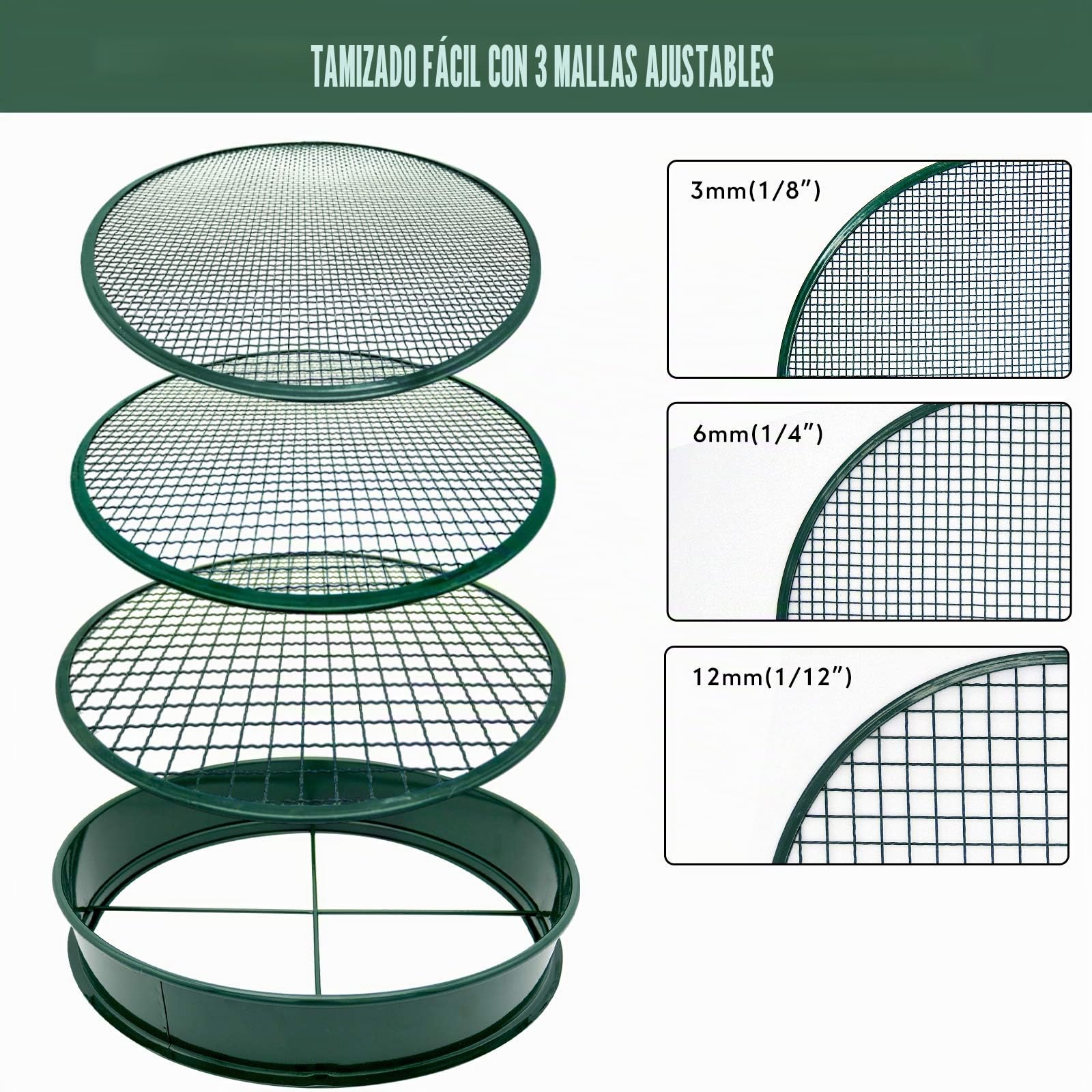 KOOLPUG Tamiz de Jardín, Tamiz Jardineria, Tamiz Jardin 3 en 1 con 3 mm/6 mm/12 mm Malla, Criba para Tierra, Criba para Aceitunas, Herramienta Jardinería para Tamizar Suelo y Compost